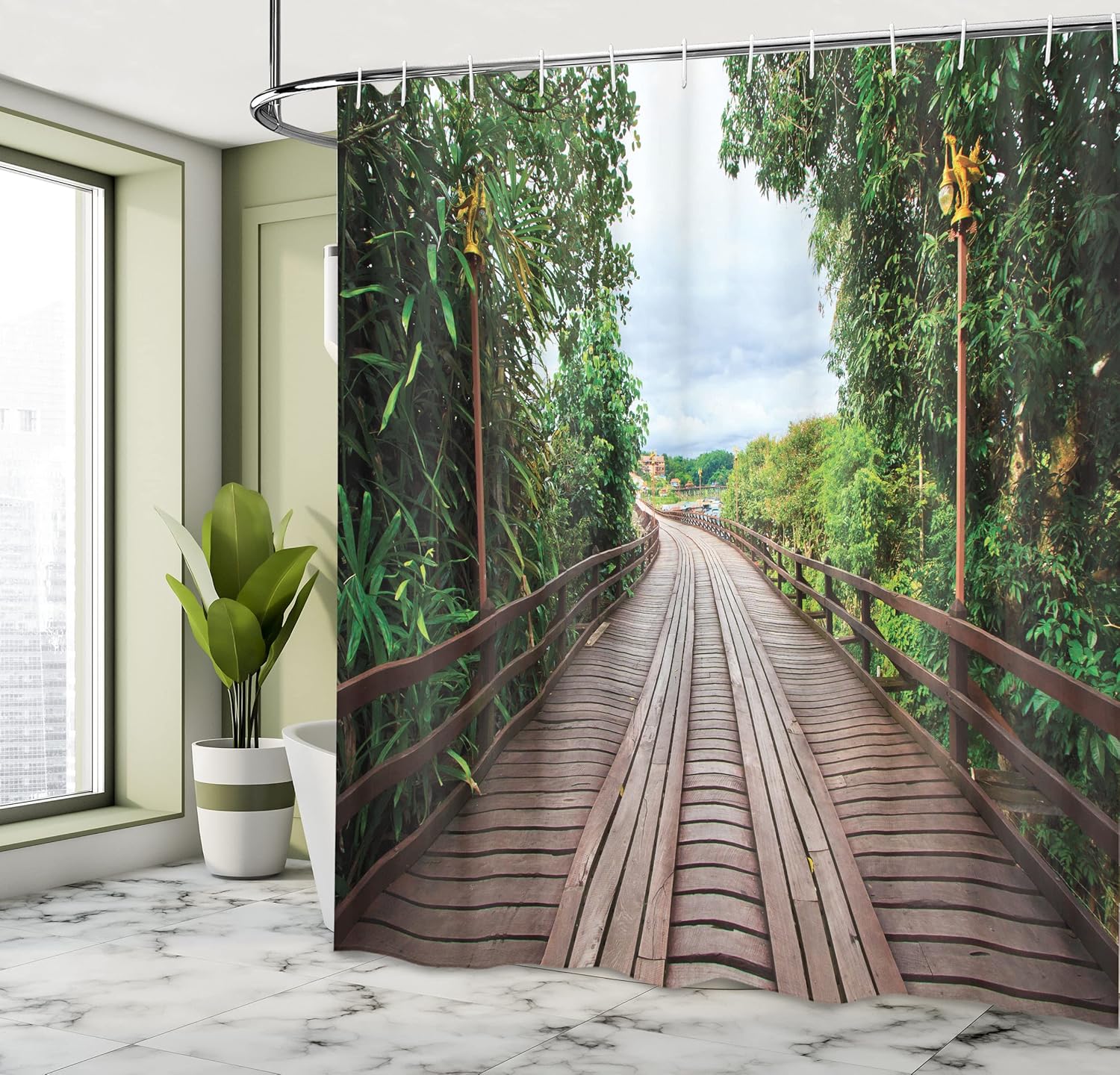 Ambesonne Landscape Shower Curtain, Wooden Bridge Between Exotic Trees Jungle Freshening Relax Road Nature Image, Cloth Fabric Bathroom Decor Set with Hooks, 69" W x 70" L, Brown Green