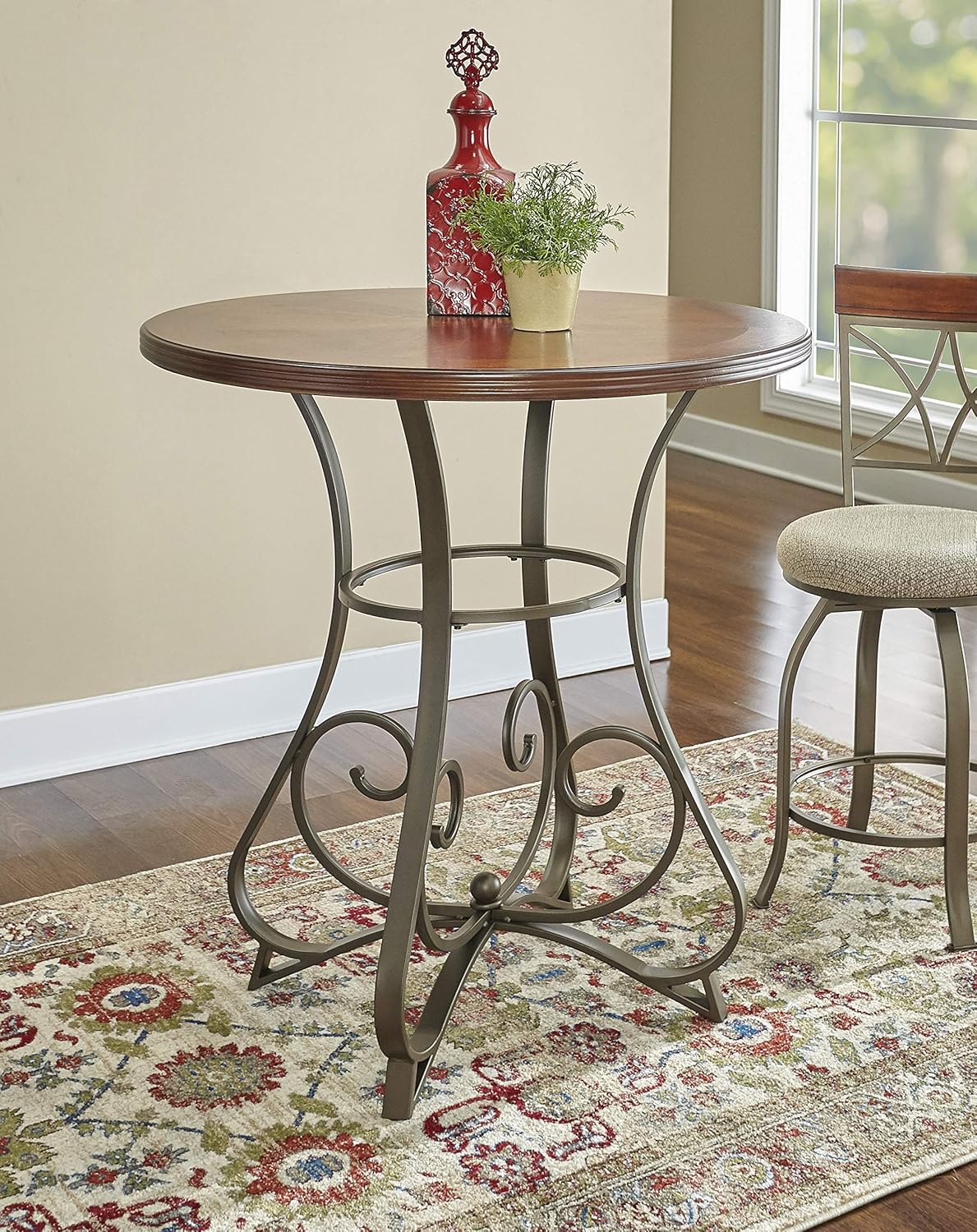 Powell 697-404 Hamilton Pub Table, Brushed Faux Medium Cherry wood Matte Pewter & Bronze metal 36" x 36" x 42" tall: Furniture & Decor