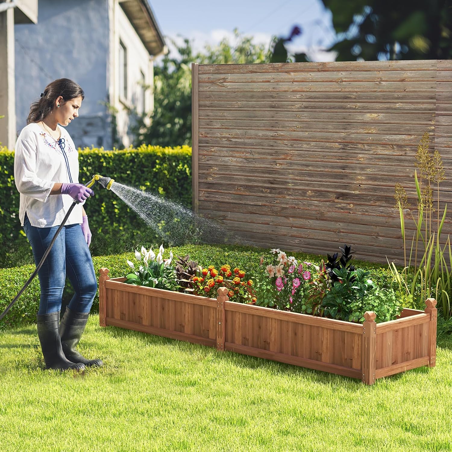 S AFSTAR Wooden Raised Garden Bed, 91"L x 24"W x 16"H Outdoor Rectangular Planter Box with Liner & 4-Corner Drainage Holes, Planter Container for Garden Patio, Raised Bed for Veggies Fruit Flower Herb