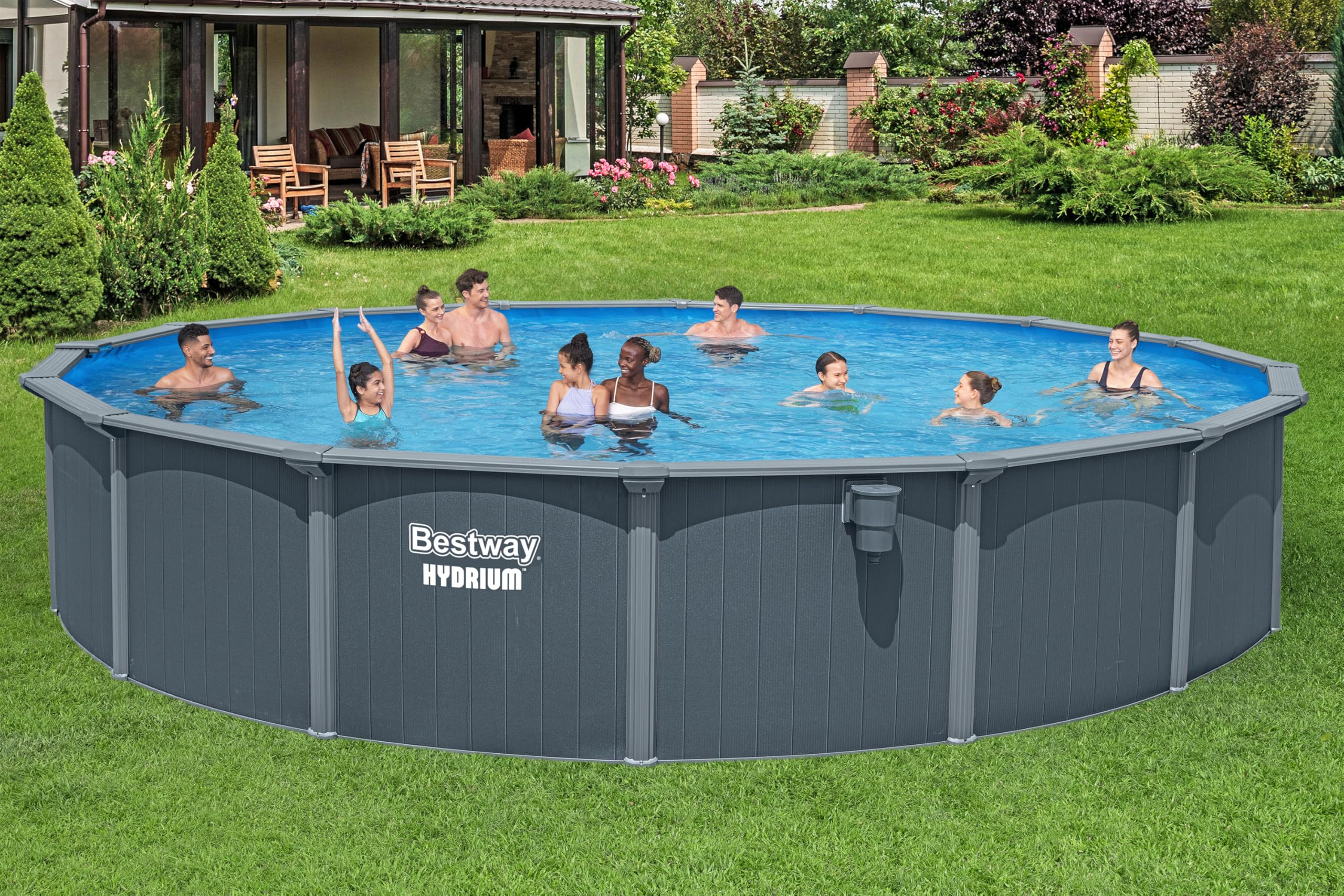 Bestway Hydrium Stahlwandpool Komplett-Set rund 732 x 132 cm Holz-Optik Grau XXL Gartenpool mit Sandfilteranlage