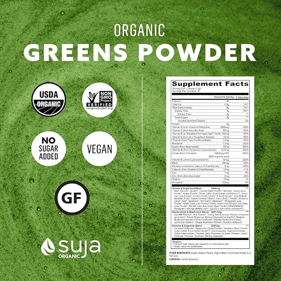 Suja Organic Greens Powder Probiotic Blend, Spirulina, Daily Superfood Drink or Smoothie Mix for Immune Support, Digestion, Energy, Vegan, Gluten Free, Non GMO, 10 Servings