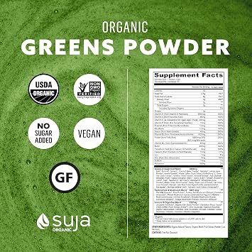Suja Organic Greens Powder Probiotic Blend, Spirulina, Daily Superfood Drink or Smoothie Mix for Immune Support, Digestion, Energy, Vegan, Gluten Free, Non GMO, 10 Servings