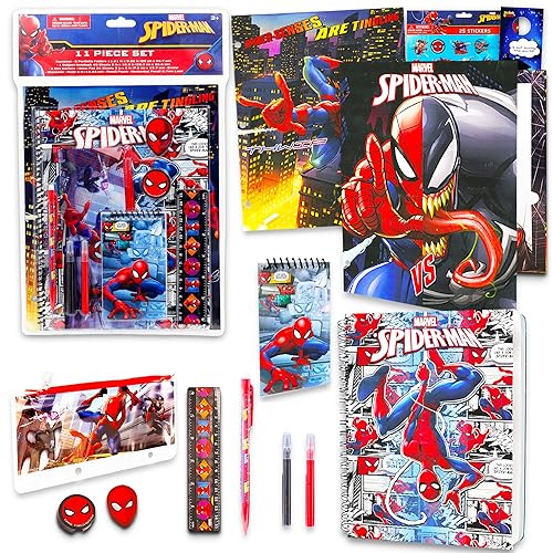 Marvel Juego de suministros escolares de Spiderman, paquete con carpeta de Spiderman, cuaderno, borradores, calcomanías y más (paquete de
