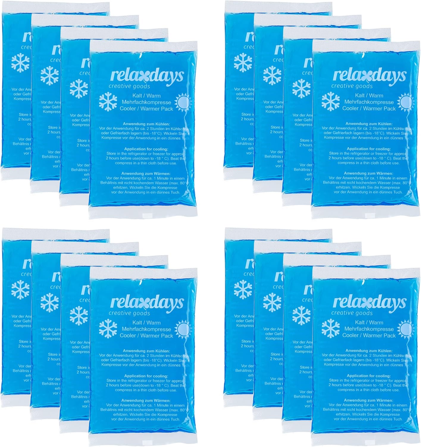 Relaxdays Pads, Set of 16, ColdWarm, 9 x 15 cm, First Aid, Reusable Gel Cooling Compresses