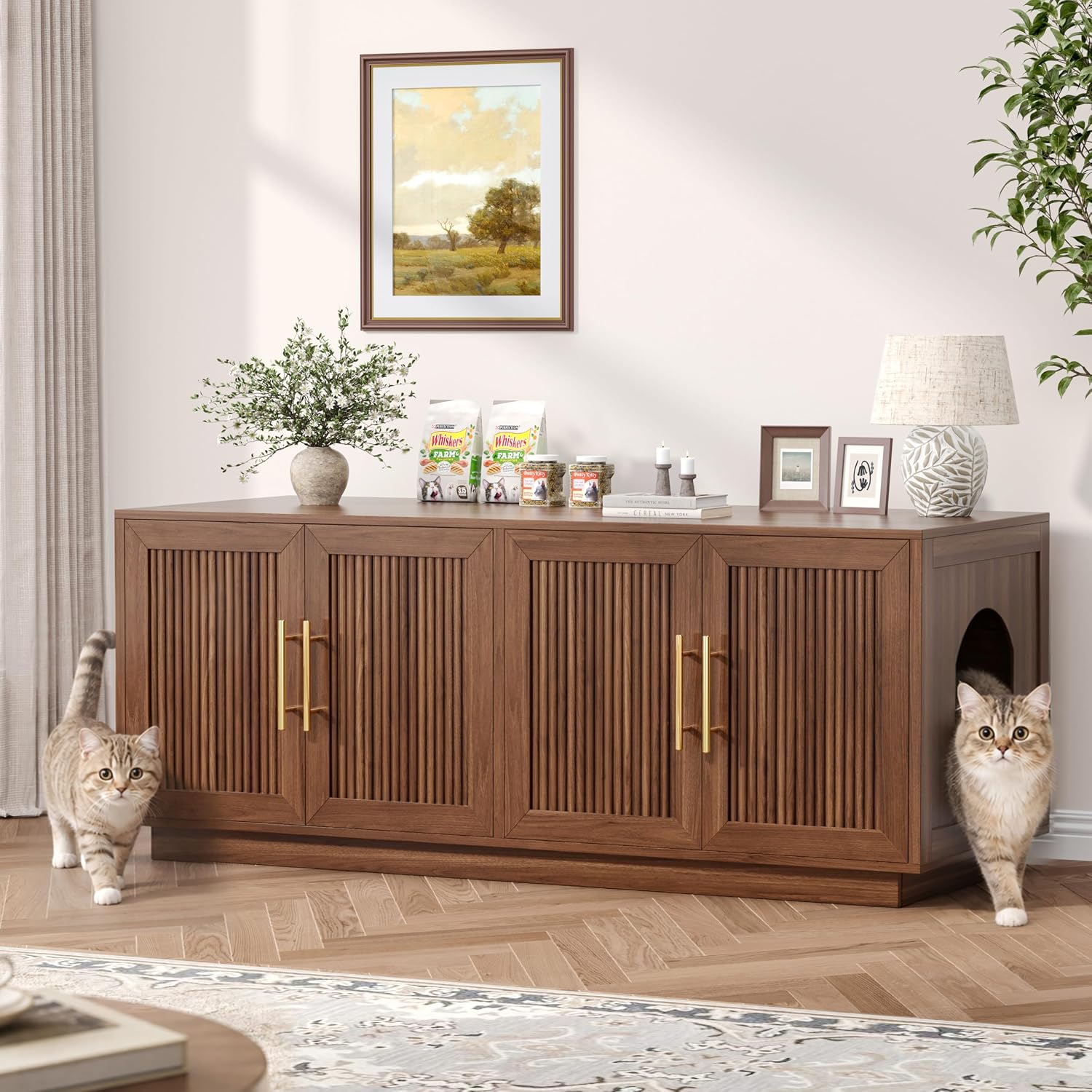 Fluted Cat Litter Box Enclosure, 47.2" Large Double Hidden Litter Box Furniture Cabinet for 2 Cats, Indoor Cat House, Modern End Table for Living Room, Entryway, Bedroom, Walnut