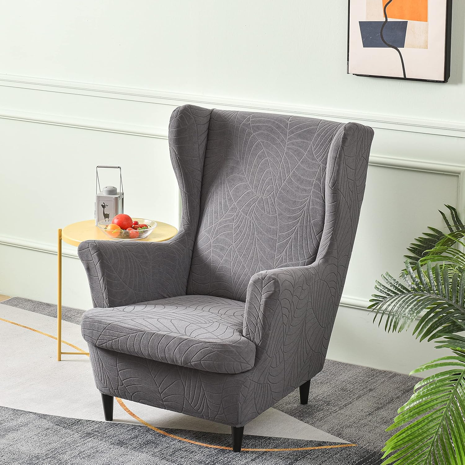 Stretch Wingback Chair Covers, MINGPINHUIUS 2 Piece Armchair Slipcover Knitted Jacquard Wingback Sofa Chair Slipcover Furniture Protector for Living Room Bedroom (Leaf-Dark Grey)