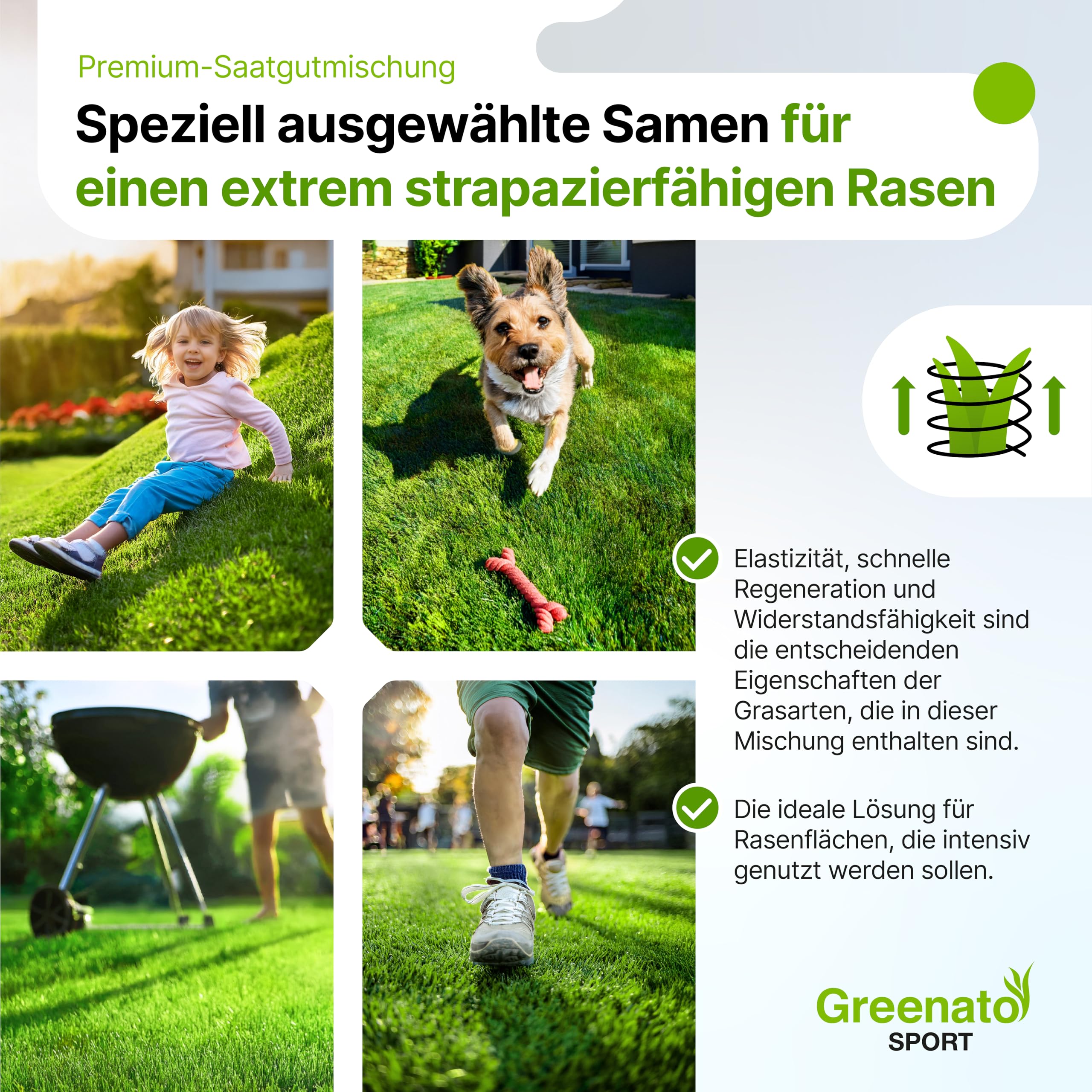 Spiel und Sport Rasensamen Greenato Sport 5kg – Turbo Rasensamen Nachsaatrasen schnellkeimend Unkrautvernichter Rasen Grassamen ideal für Neuansaat extra robuster Rasen ausreichend für 200 m²