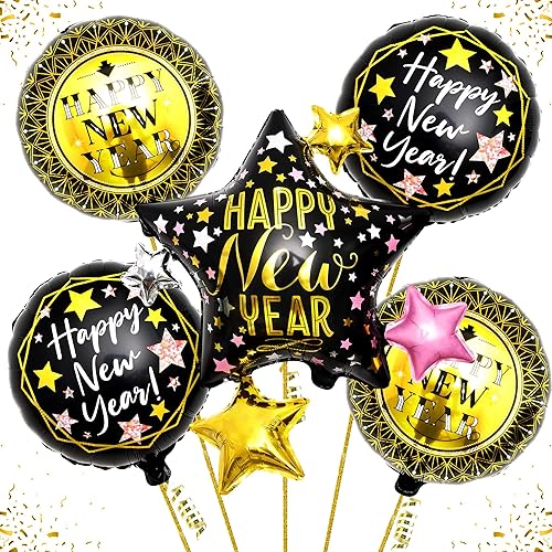 KatchOn, Juego de globos de Feliz Año Nuevo, paquete de 5, globos de estrella de Año Nuevo de 30 pulgadas para suministros de fiesta de Año Nuevo