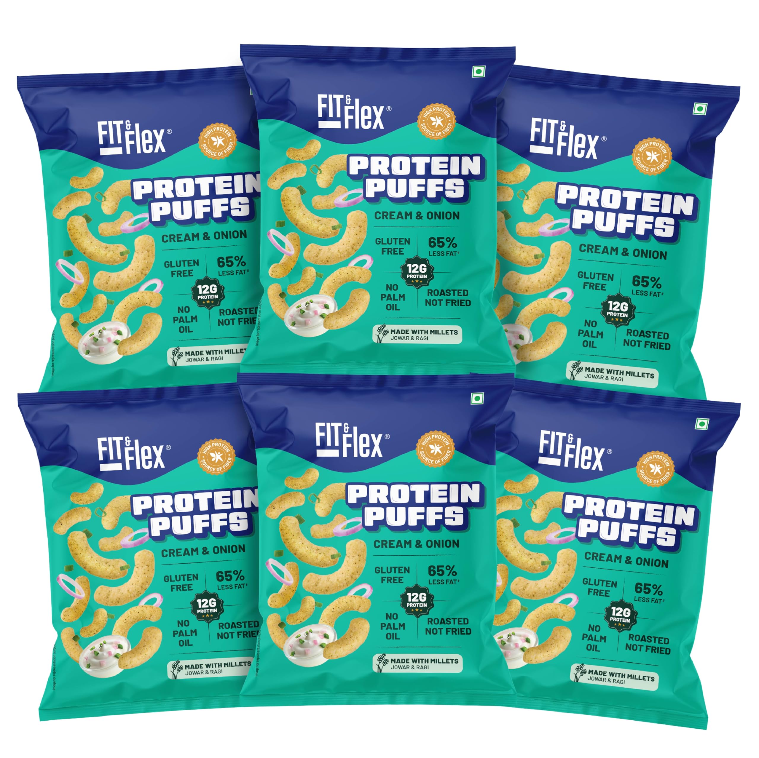 Fit & Flex Protein Puffs | Cream & Onion | Jowar & Ragi Healthy Roasted Snacks | 12G Protein, Gluten free, No Trans-Fat, No Palm Oil | 55g x Pack of 6