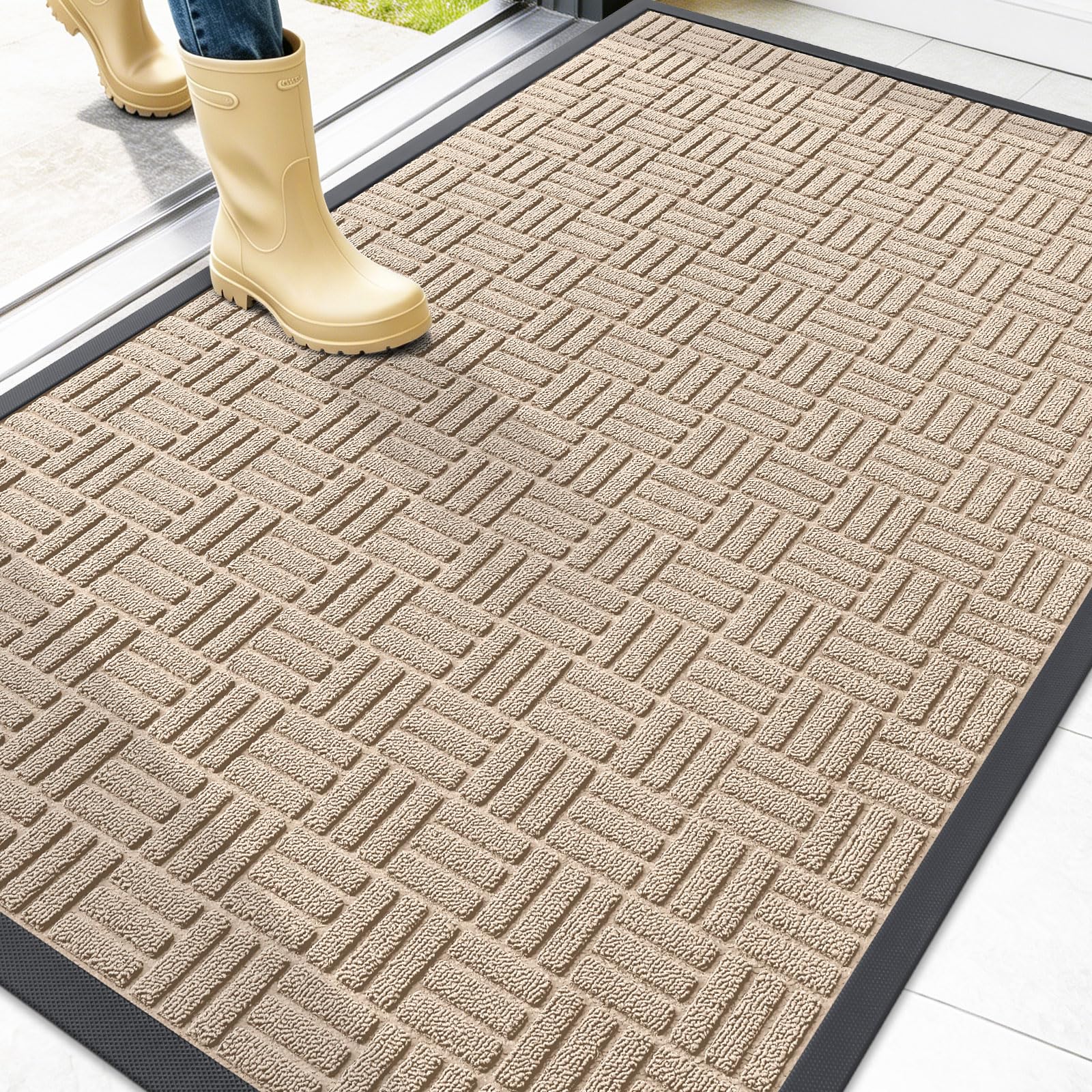 OLANLY Front Door Mat Outside Entrance 47x32, Heavy-Duty Rubber Doormat | Latte White, Stain and Fade Resistant, Non-Slip Backing, Low-Profile Indoor Outdoor Floor Mat for Entryway, Easy to Clean