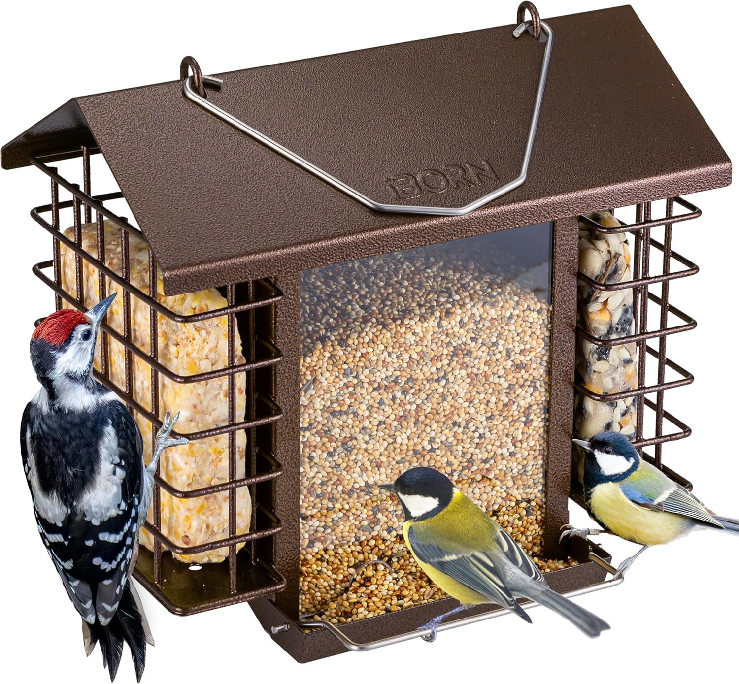iBorn Bird Feeders for Outdoors,Bird Feeder with Double Suet Holders,Suet Feeder for Outside,Weatherproof Metal Roof,Easy to Refill&Clean,3.2 LBs Seed Capacity+2X Cake,1 Pack,Coffee Roof & Coffee Grid