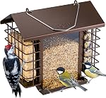 iBorn Bird Feeders for Outdoors,Bird Feeder with Double Suet Holders,Suet Feeder for Outside,Weatherproof Metal Roof,Easy to Refill&Clean,3.2 LBs Seed Capacity+2X Cake,1 Pack,Coffee Roof & Yellow Grid