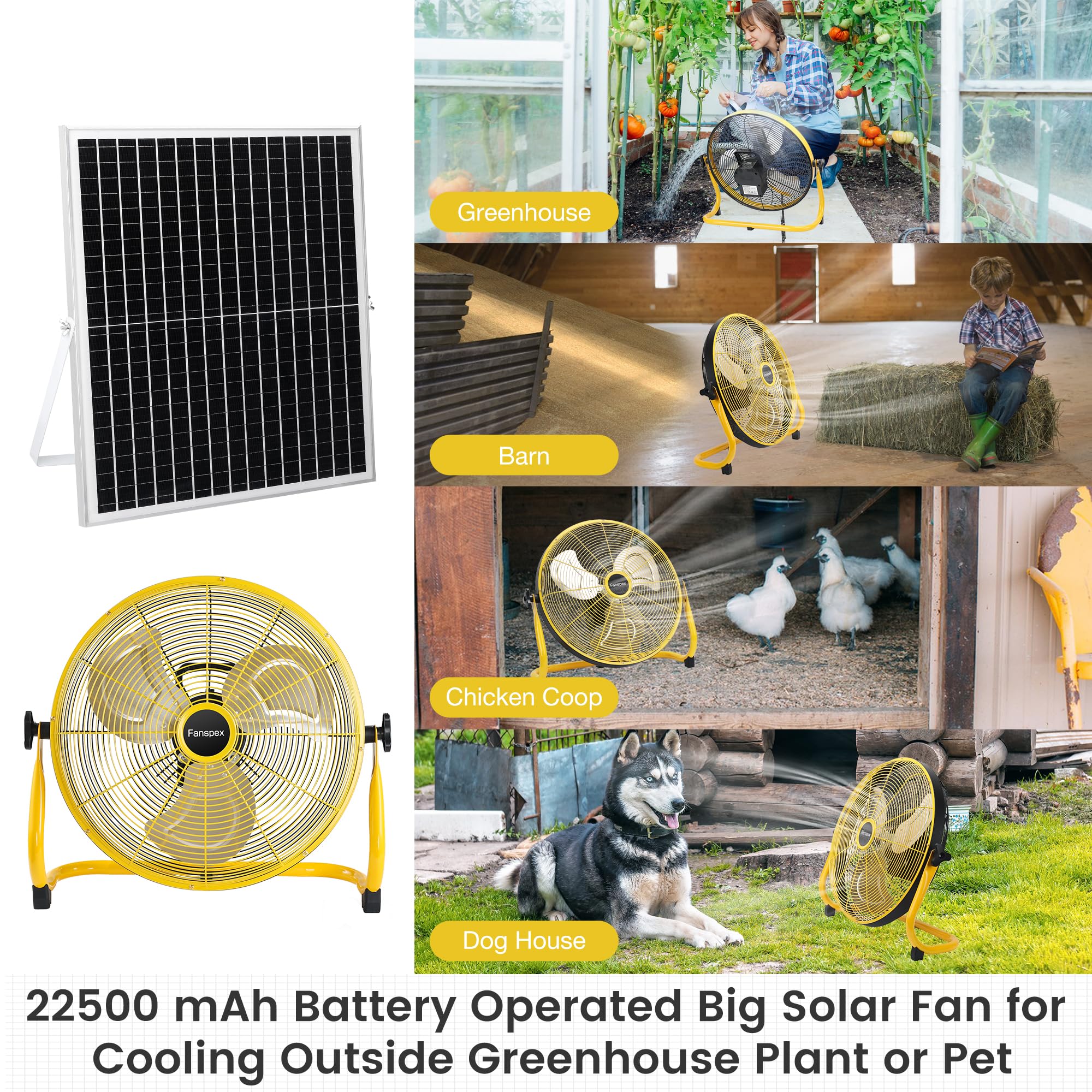 Fanspex Ventilatore da pavimento ricaricabile a energia solare da 45,7 cm, per esterni, 22500 mAh, con pannello solare da 35 W, per patio, gazebo, campeggio, inclinazione a 360° (flusso d'aria 5,8 m/s