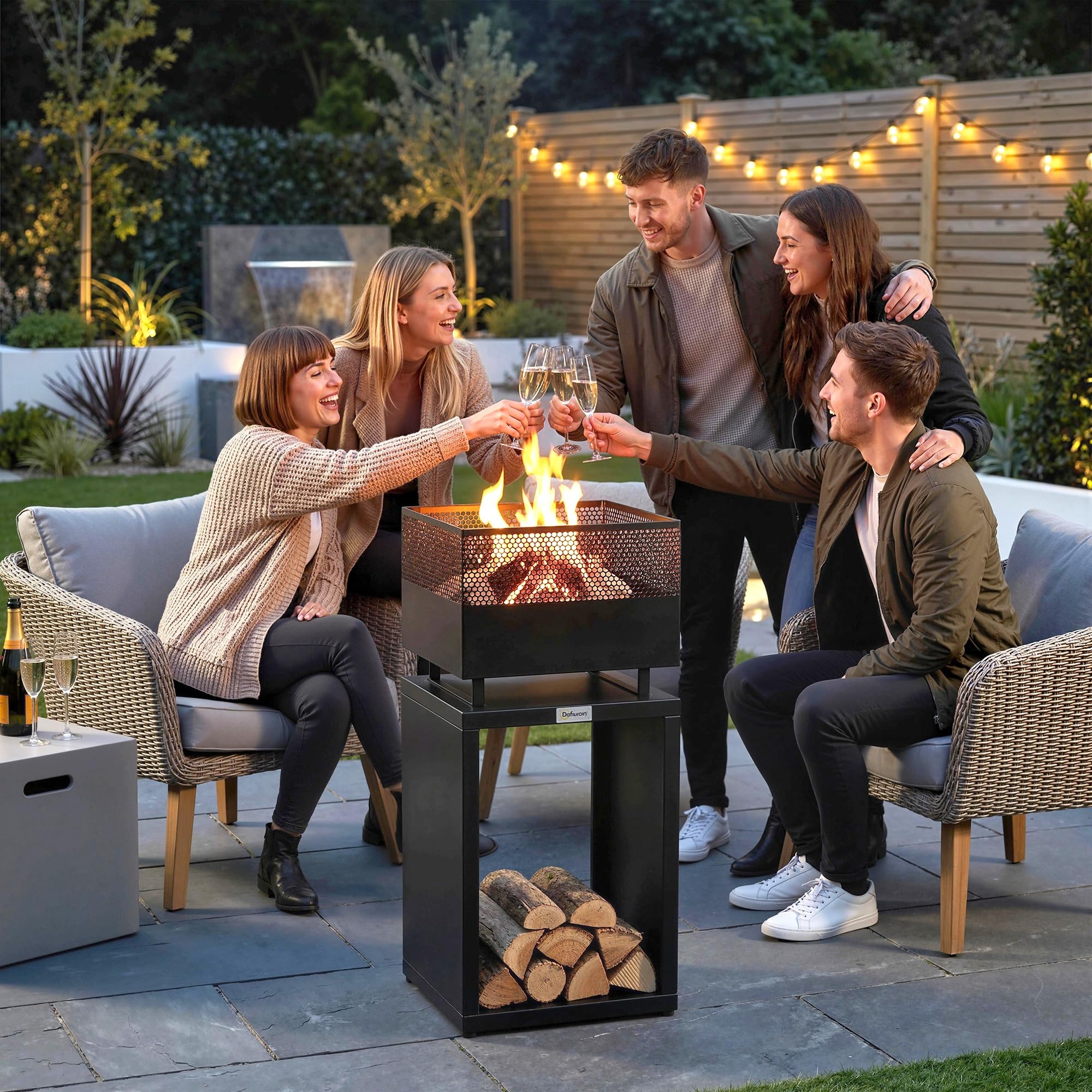 Outsunny Feuerschale mit Holzlager Kohlegitter 39 x 39 x 87 cm Schwarz | Feuerstelle, Verstellbaren Füßen, Feuerschalen Feuerkorb, für Garten Balkon Terrasse, Outdoor BBQ Camping