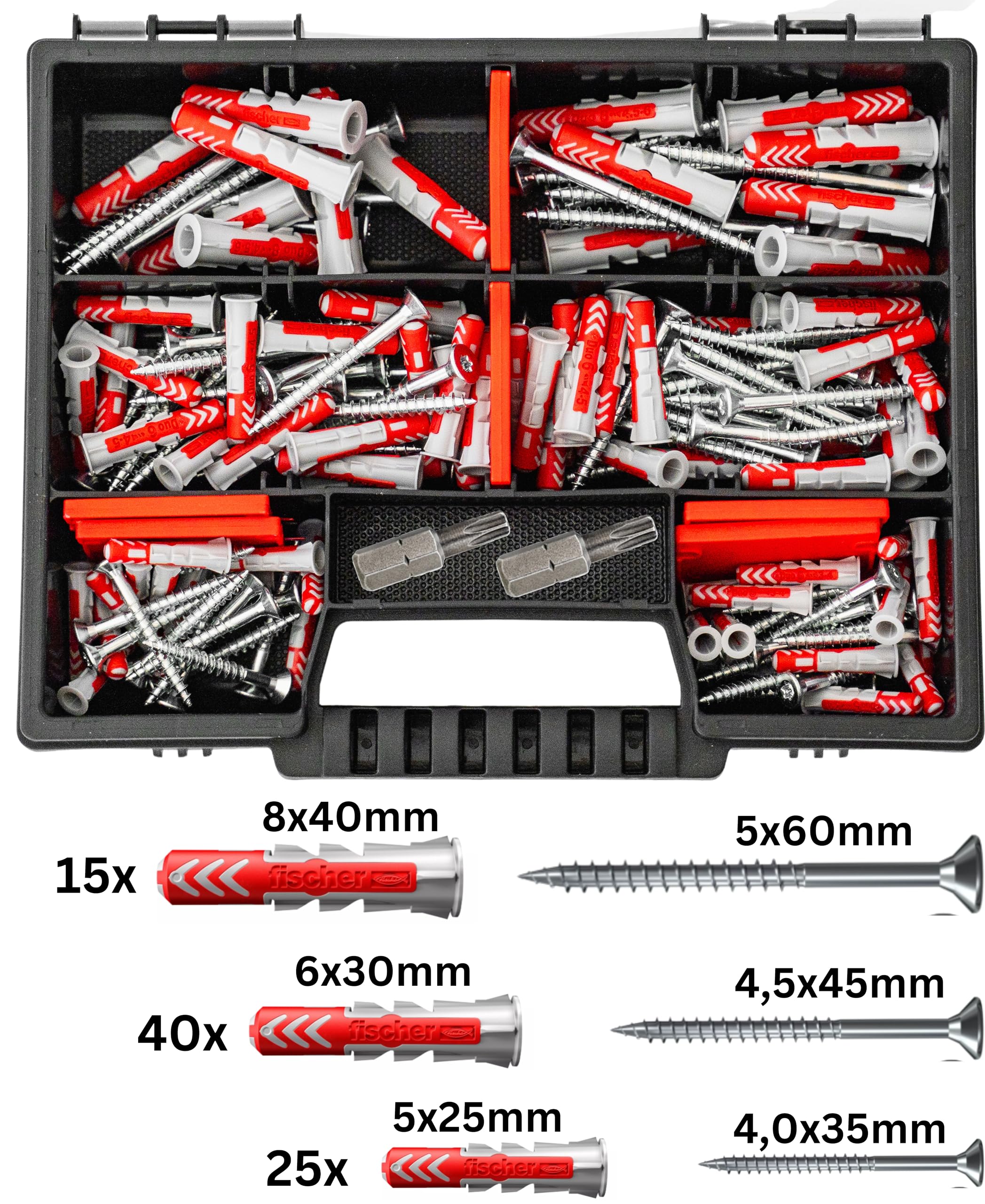 Fischer DuoPower Set de chevilles + vis avec embouts, assortiment de 162 pièces Chevilles de différentes tailles – 25 pièces 5 x 25 mm + 40 pièces 6 x 30 mm + 15 pièces 8 x 40 mm + vis chevilles