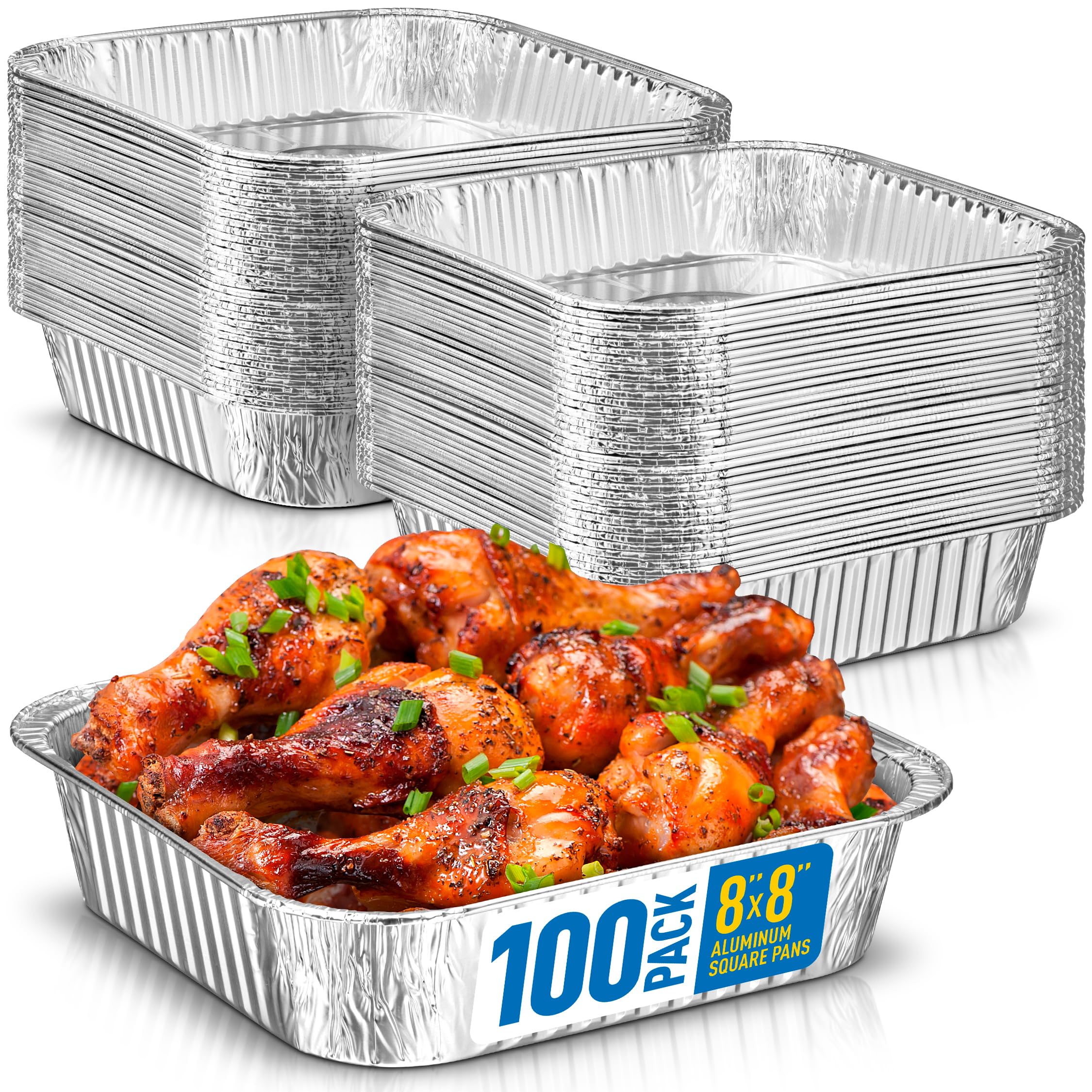 8x8 Disposable Aluminum Pans - 100 Pack Foil Pans For Cooking, Baking Cakes, Roasting &amp; Homemade Breads - Disposable Food Containers