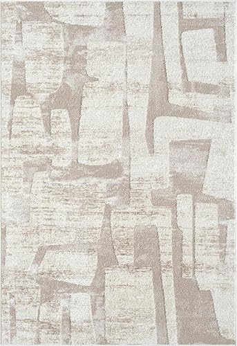 Miniatura 3 de Abani Alfombra color crema para sala de estar, dormitorio, patrón de bloques, 8 x 10 pies, duradera y fácil de limpiar