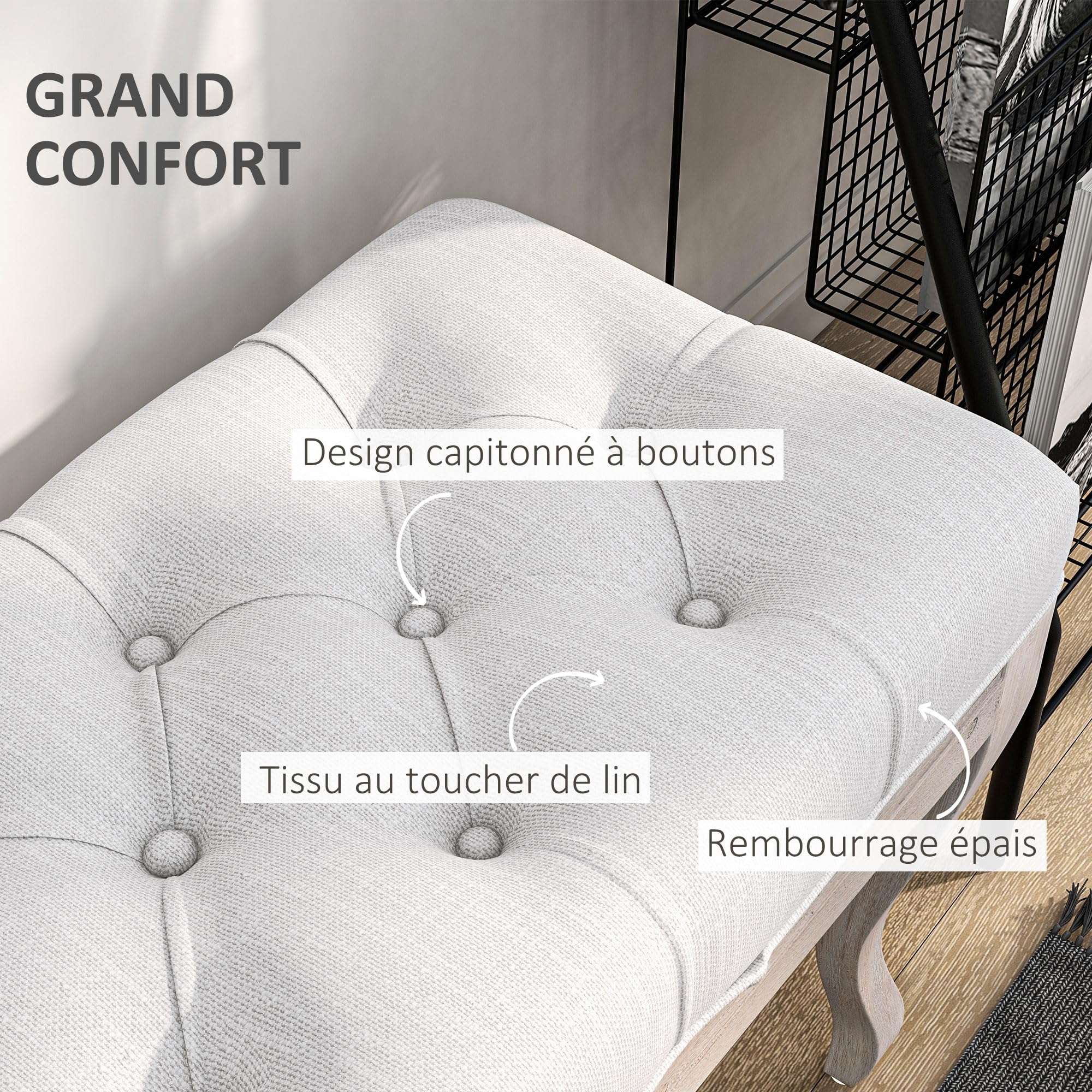 HOMCOM Banc 110 cm, Banquette capitonnée Style Classique, Bout de lit rembourrée en Effet Lin piètement Bois d'hévéa sculpté, crème