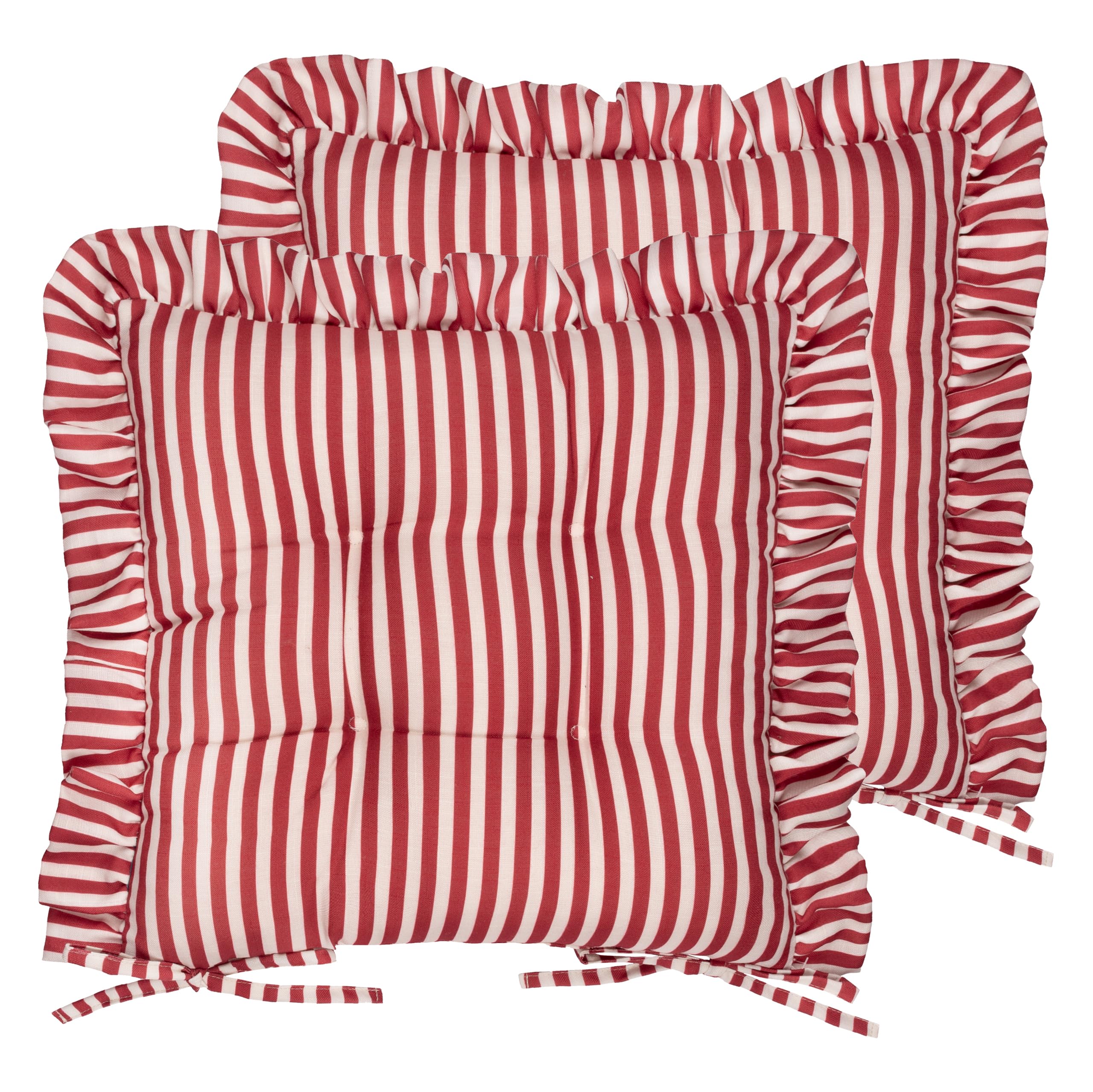 Wylder Millie Ruffle Seat Pads – Pack of 2 – Heritage Stripe Indoor Outdoor Dining & Patio Chair Cushions with Ties (Red - 40x40cm)