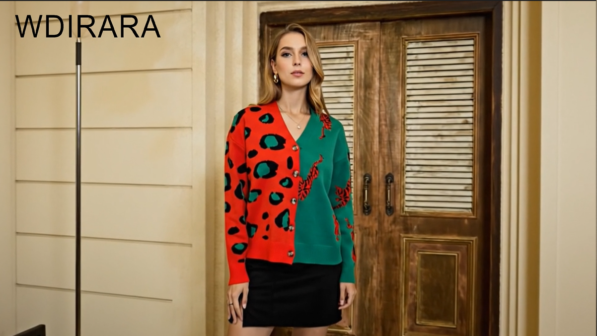 WDIRARA Women's Leopard Tiger Print Cardigan V Neck Long Sleeve