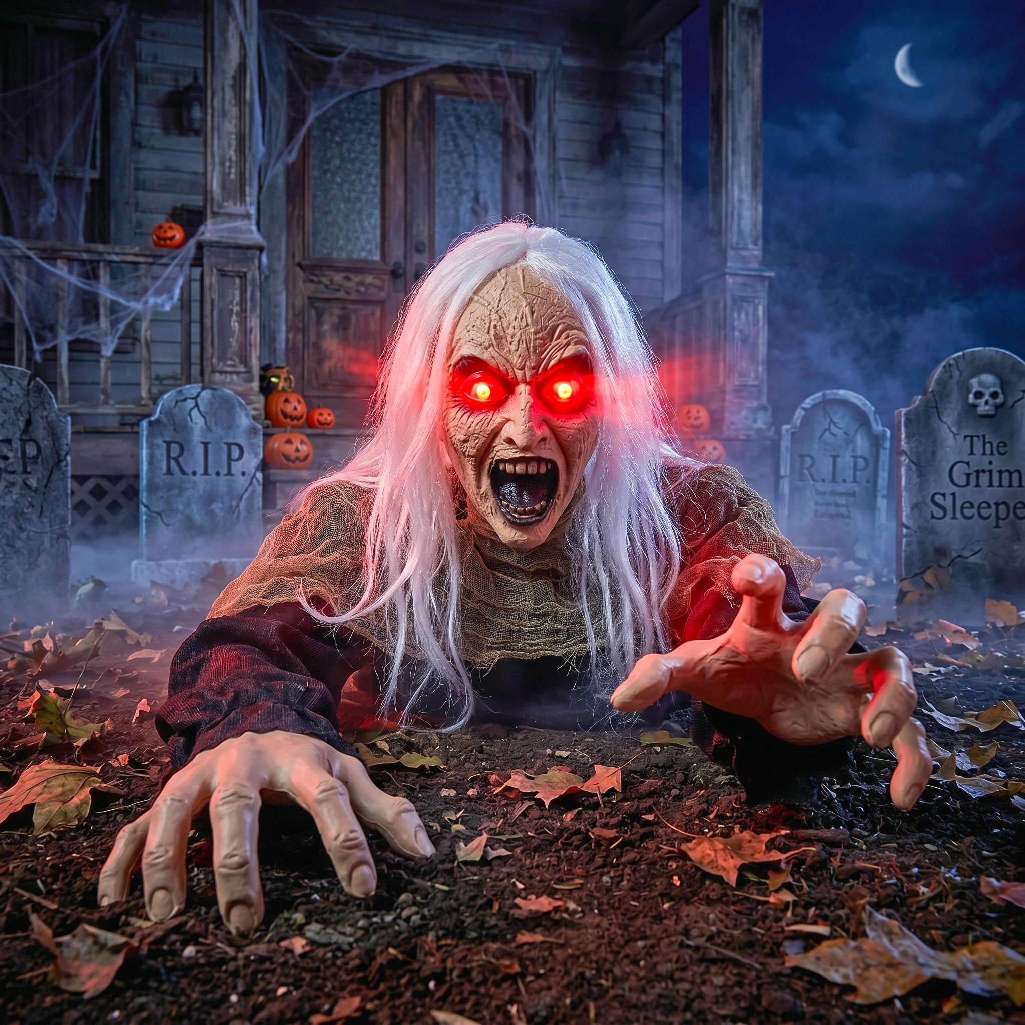 Hourleey Decoraciones de Halloween al aire libre, activada por sonido, zombi trepadora con ojos iluminados y sonido aterrador, decoración animada de Halloween para patio, césped, cementerio, casa