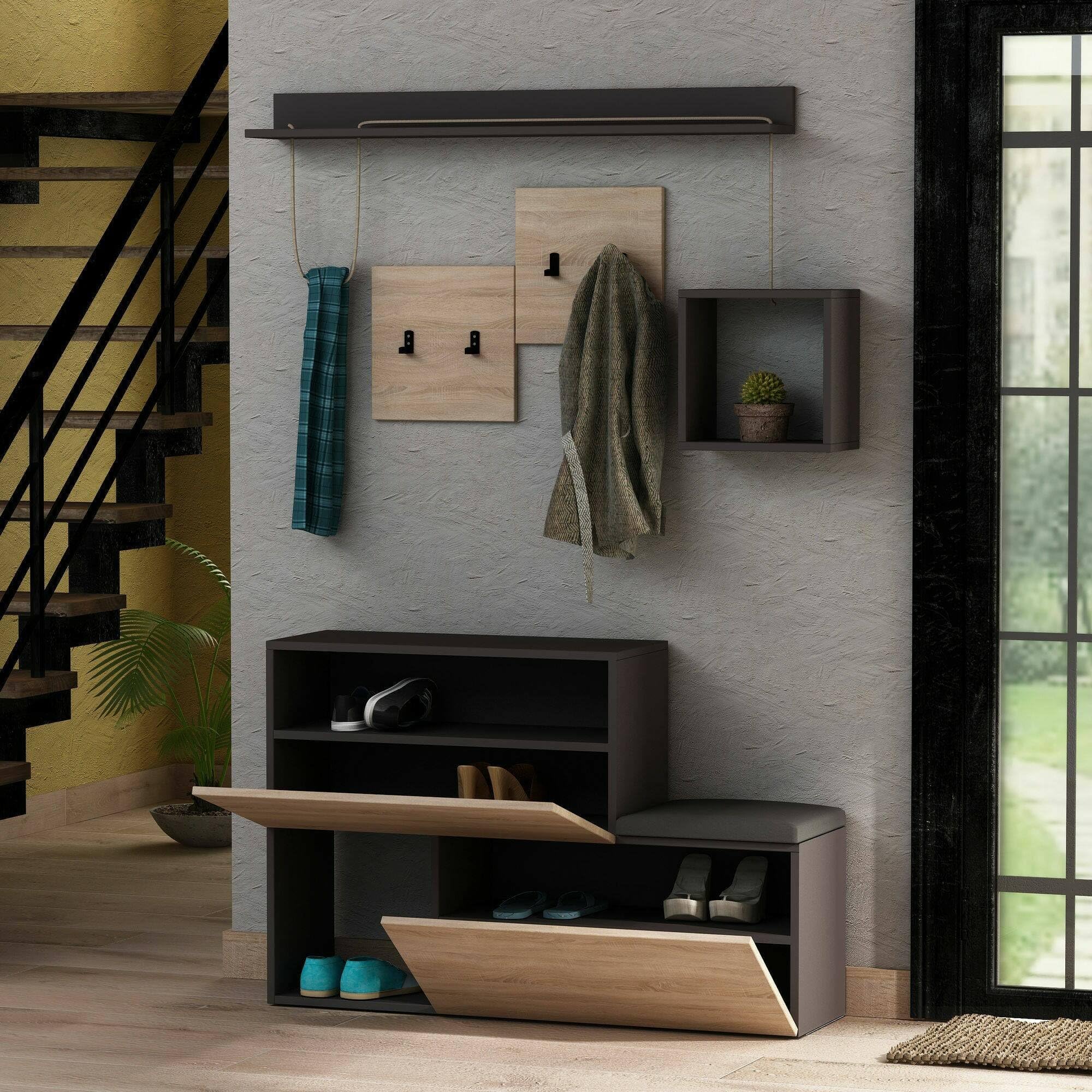 Dmora - Mobile da ingresso Caph, Entratina appendiabiti, Composizione per atrio, Consolle portaoggetti multifunzione, 120x17h76 cm, Antracite e Rovere