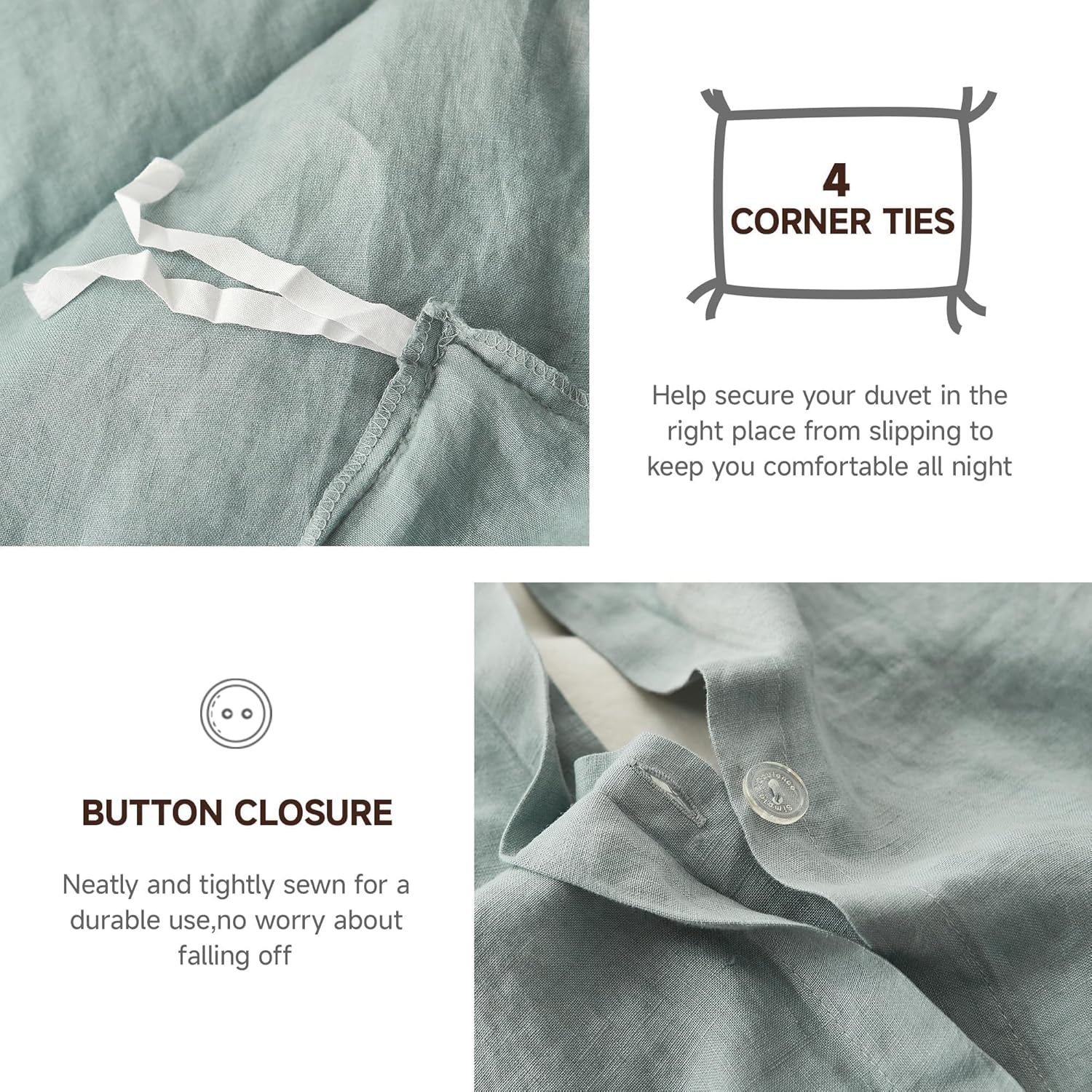 100% Linen Duvet Cover Set, 3 PCS Natural French Flax Dusty Blue Duvet Cover Queen Size, Breathable Soft Comfy Linen Bedding Comforter Cover with 2 Pillowcases(Dusty Blue, 88" x 92")
