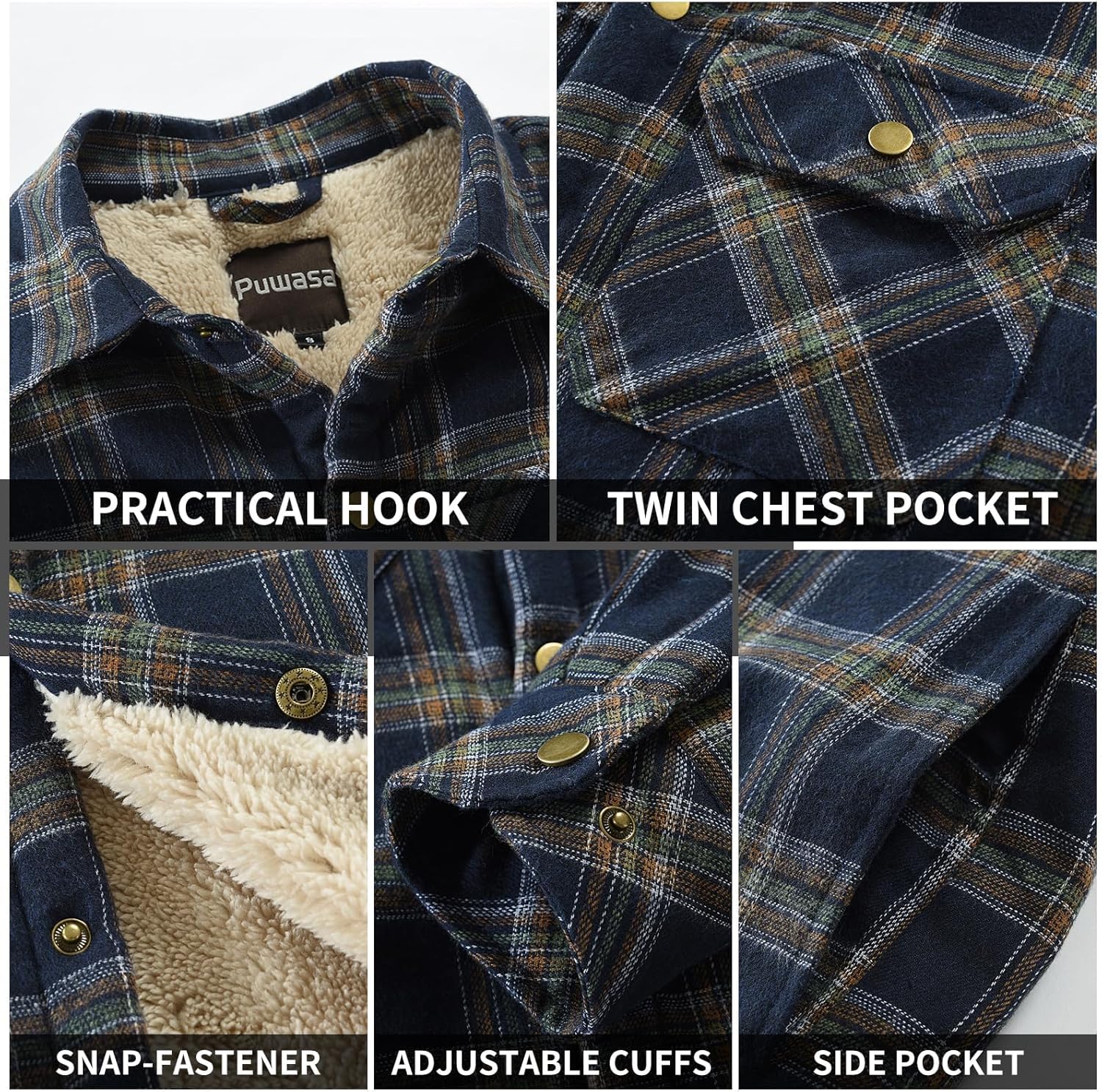 Men's Sherpa Lined Cotton Flannel Shirt Jacket Plaid Button Up Jacket Coat for Men with Pocket - Image 6