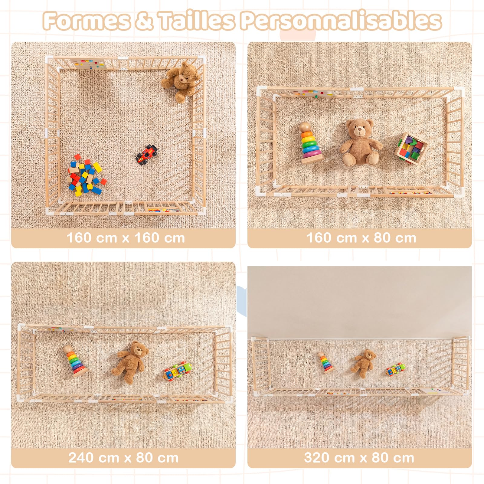 COSTWAY Parc Bébé Bois Pin, Porte Verrouillable et Jouets Montessori, Large Barrière de Sécurité 8 Panneaux, Parc Bebe Modulable pour Tout-petits 6 à 24 Mois, 160 x 160 x 61,5 CM