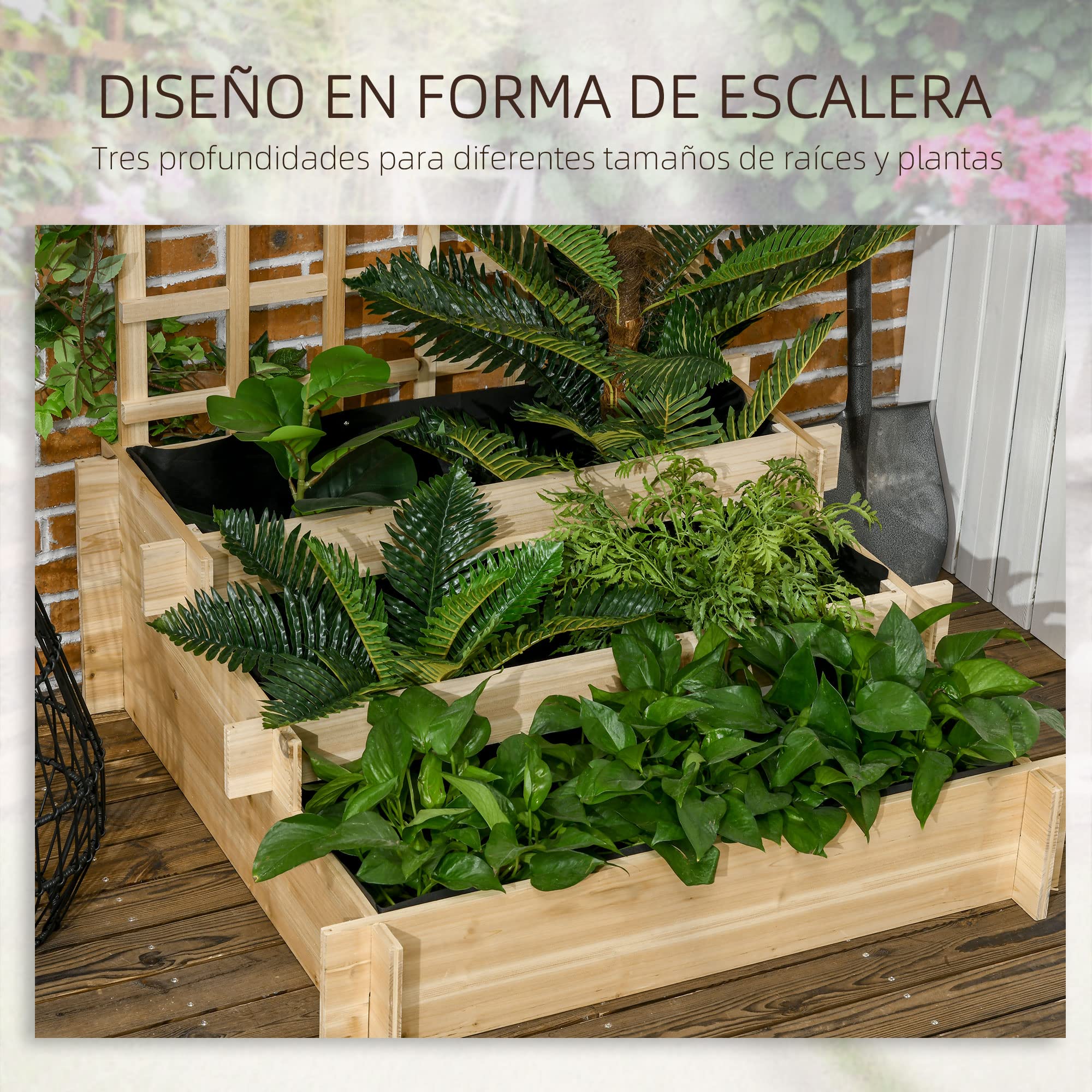 Outsunny Huerto Urbano de 3 Niveles con Enrejado Escalera de Jardinera de Madera con Tela no Tejida para Cultivos Verduras Flores Hierbas 95x95x110 cm Natural