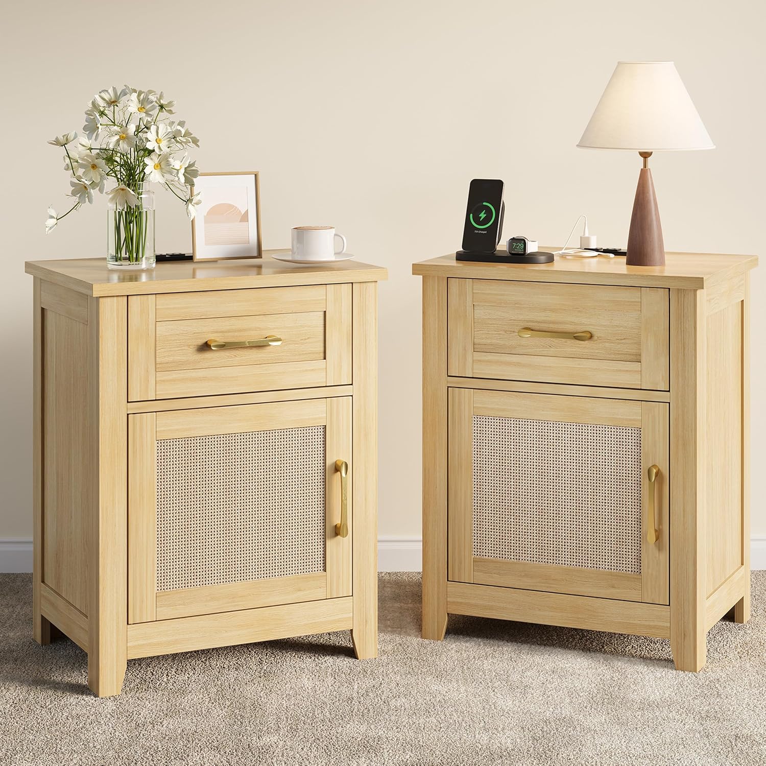 Rattan Nightstand with Charging Station, Modern End Tables with Storage and One Drawers, Outlets, USB Ports and Type-C Ports, Wood Nightstands for Bedroom, Dorm and Small Spaces Oak