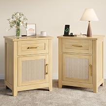 Decofy Rattan Nightstand Set of 2 with Charging Station, Drawer and Cabinet | Drawer And Cabinet Storage, AC Outlets, USB And Type C Ports, Oak Wood Bedside Tables, For Bedrooms, Dorms, And Small Spaces