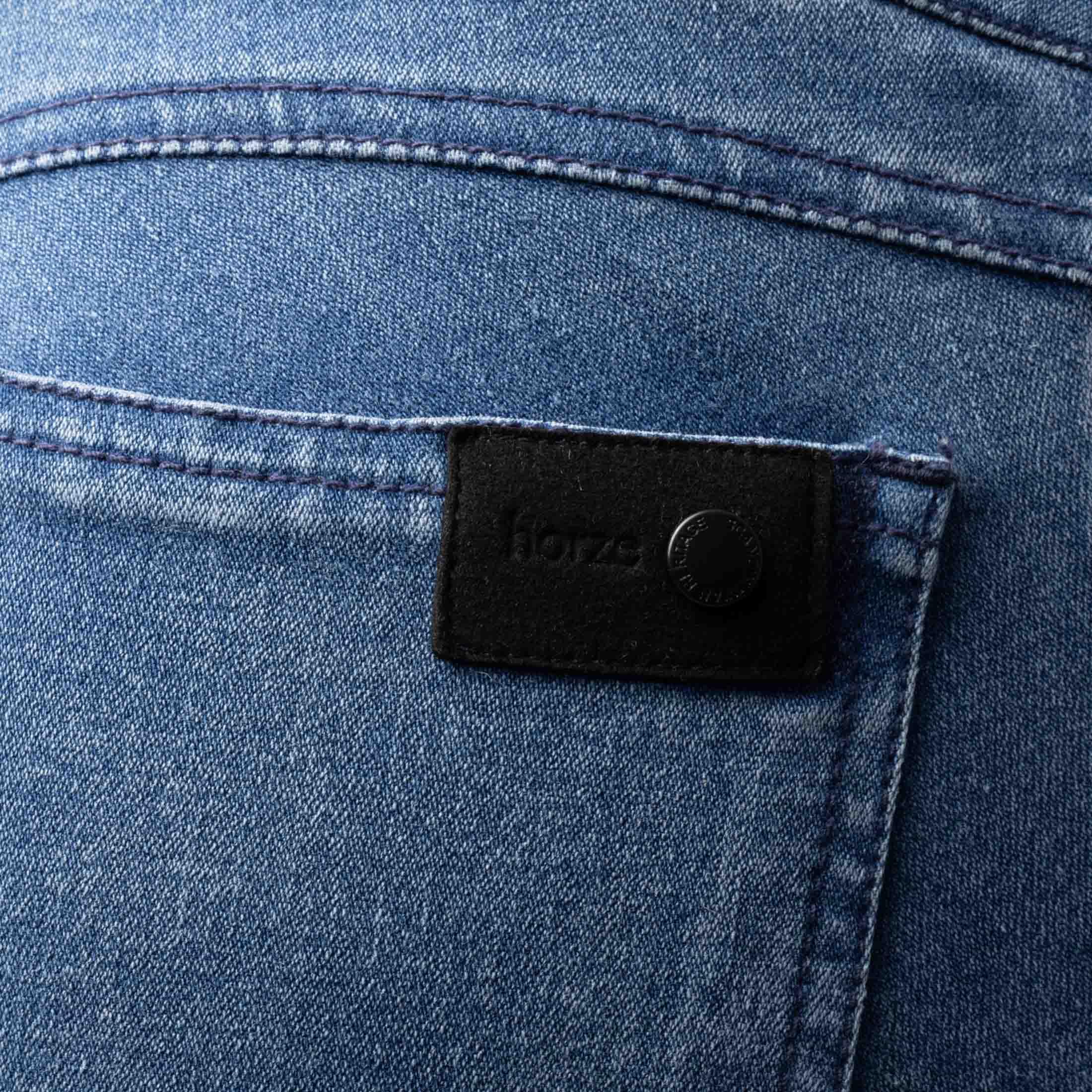 HORZE Carolyn Damen Denim Vollbesatzreithose – 4-Wege-Stretch, Handytasche, Hybrid-Grip & Gürtelschlaufen, Blau, 38