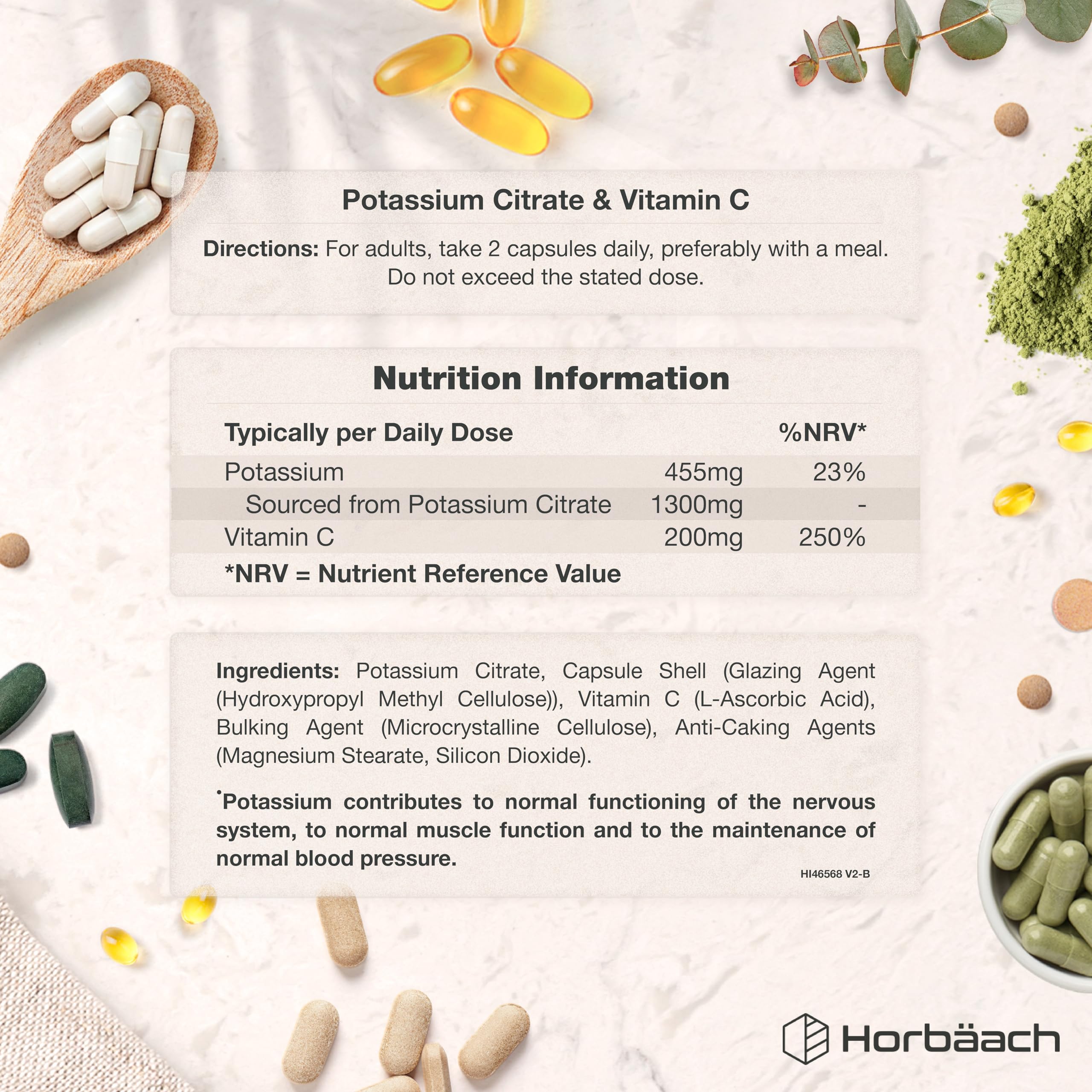 Citrato di Potassio con Vitamina C | 120 Compresse Vegane | 1500mg di Potassium Citrate | Aumento della massa muscolare e Elettroliti (EFSA) | Integratore di Potassio | Horbaach
