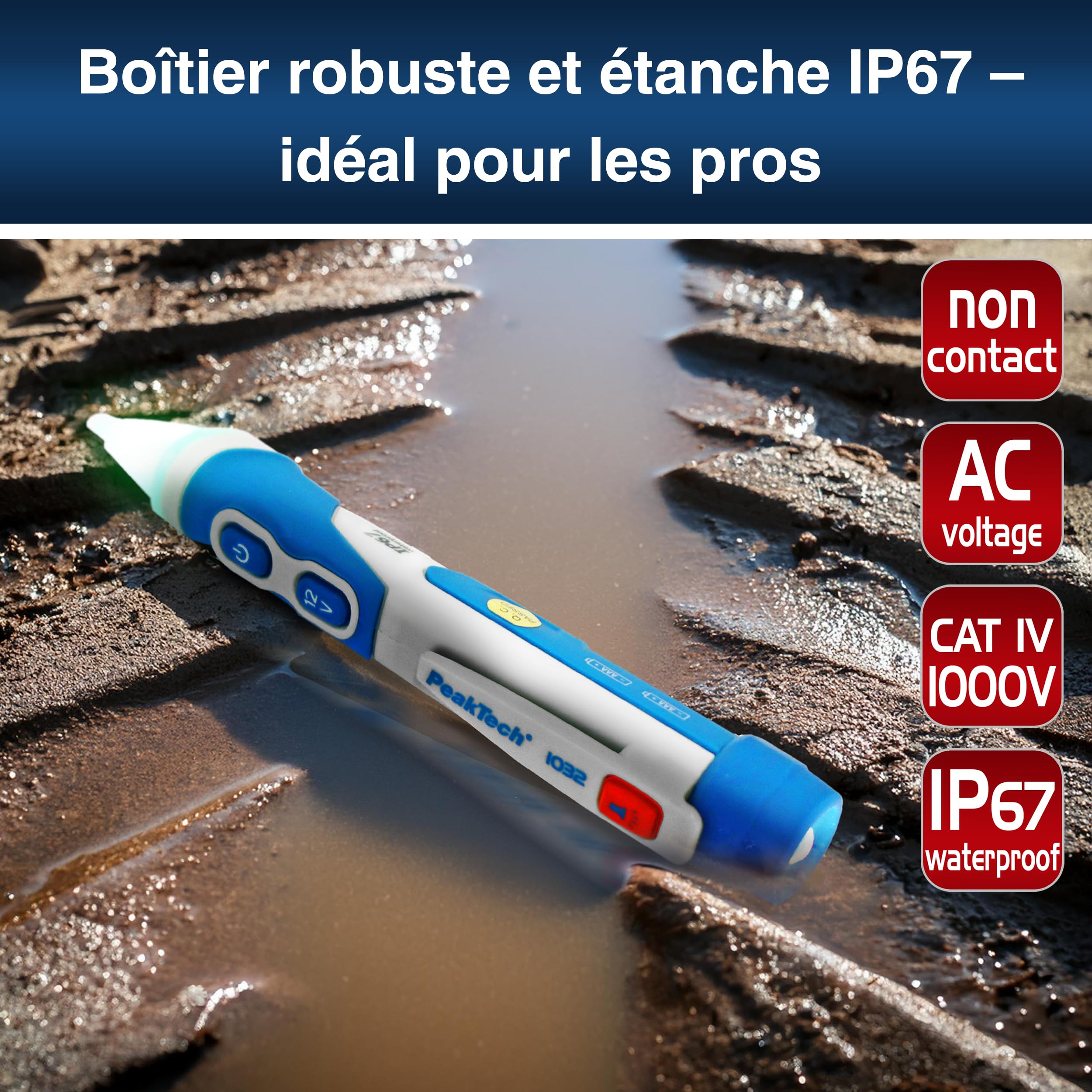 PeakTech 1032 AC Détecteur de tension sans contact [+LED Signal Lampe & Vibration] Plage de fonctionnement 12-1000 V AC, Détecteur de ligne, Détecteur de ligne