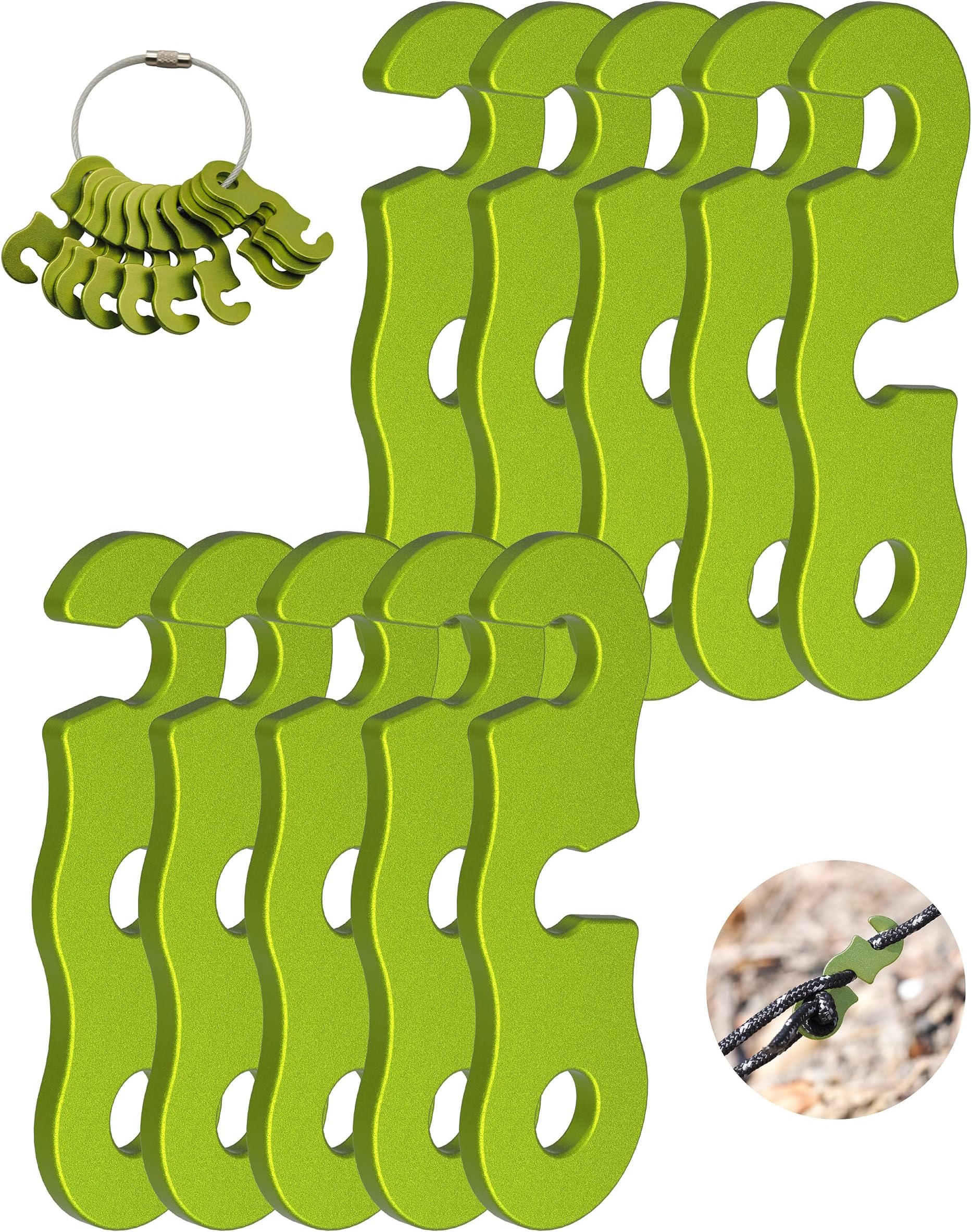 NACETURE Rope Tensioner (10 Pack) Aluminum Alloy Camping Tent Guyline Cord Adjuster Camping of Gear for Camping, Hiking, Backpacking Ultralight Tent Stakes Guy Lines (Green 10 Pack)