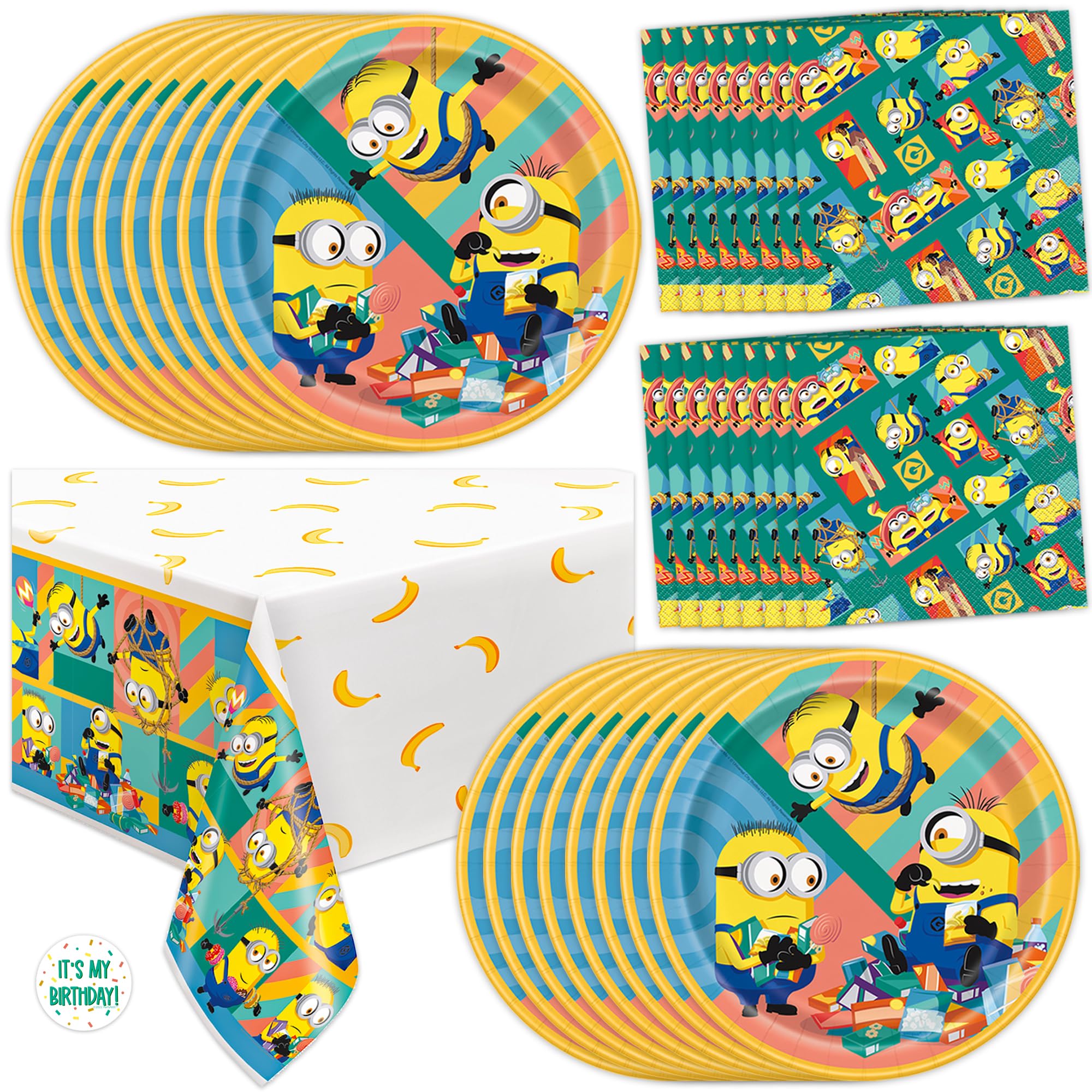 Unique Minions Birthday Party Decorations | Tablecover, Plates and Napkins for 16 | Minion Birthday Party Decorations | Officially Licensed