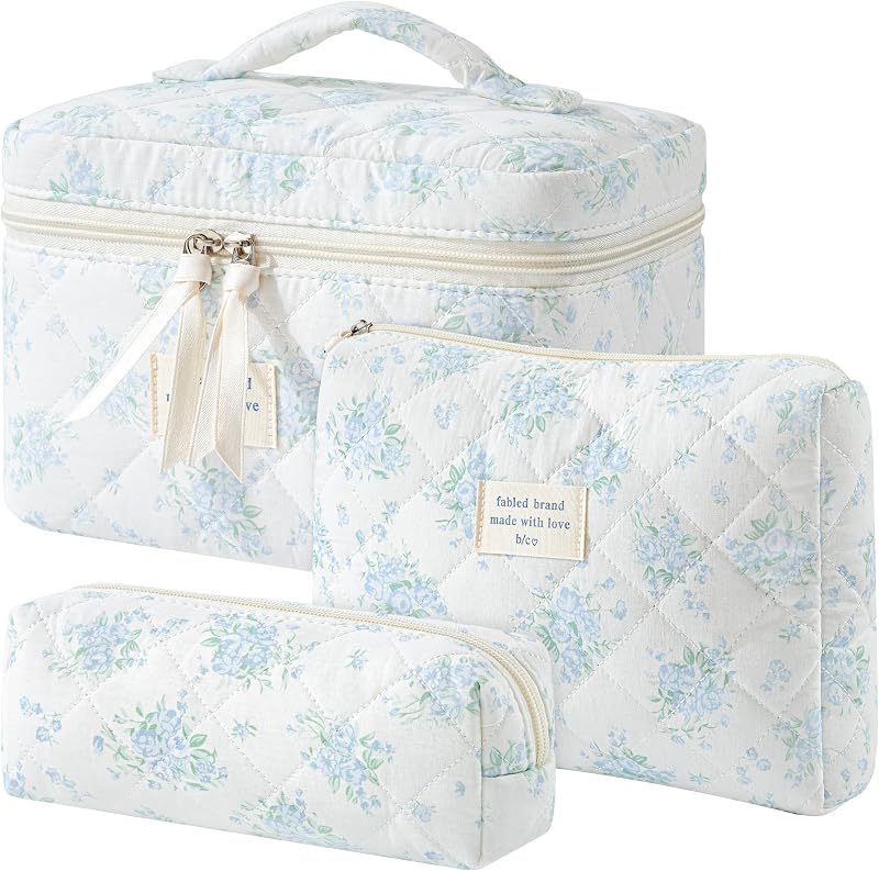 HBselect Kit com 3 Necessaires de Maquiagem Matelassadas de Algodão com Zíper, Estampa Floral A-3PCS-Floral 44