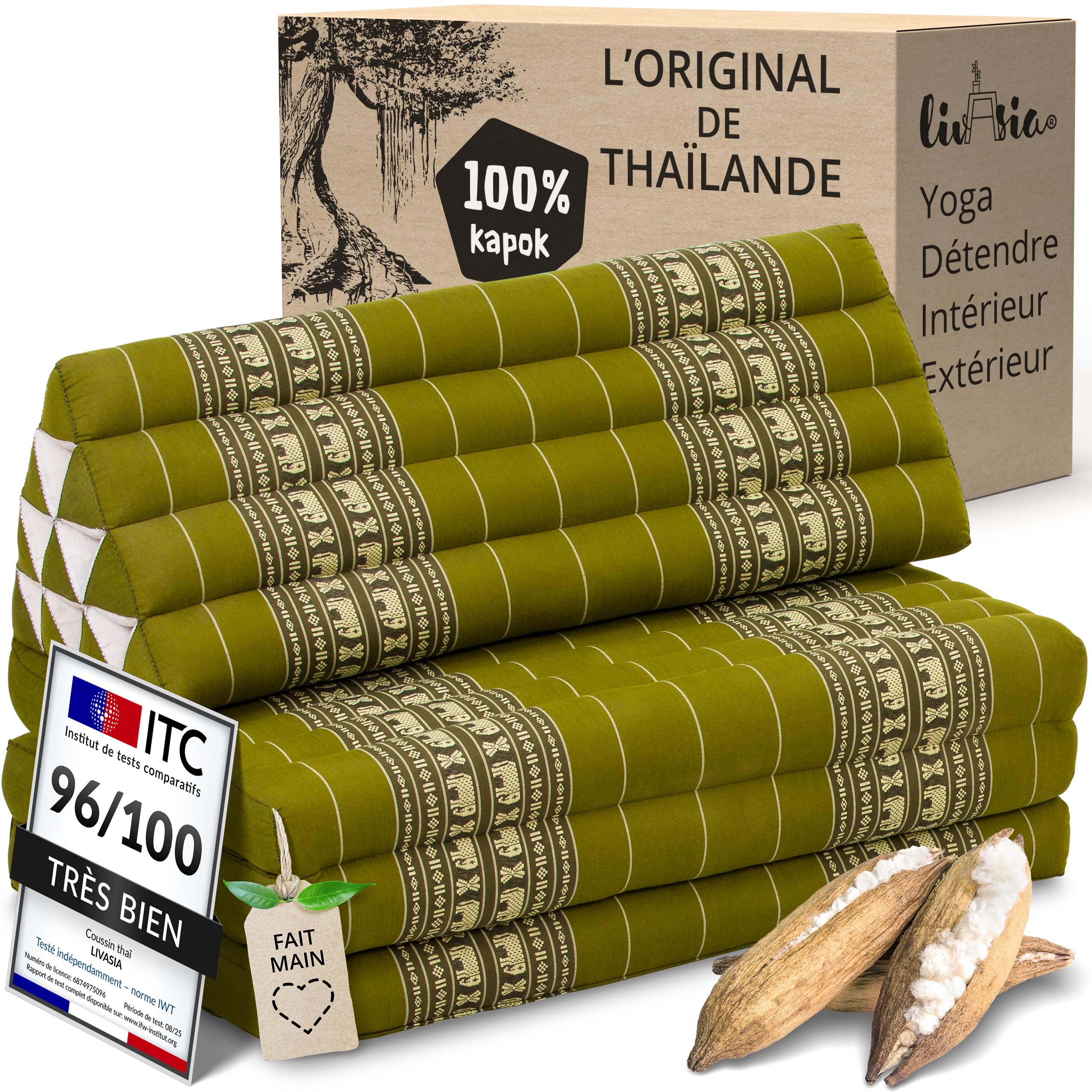 Coussin thaï XXL 3 blocs 190x80cm matelas pliable kapok vert éléphants