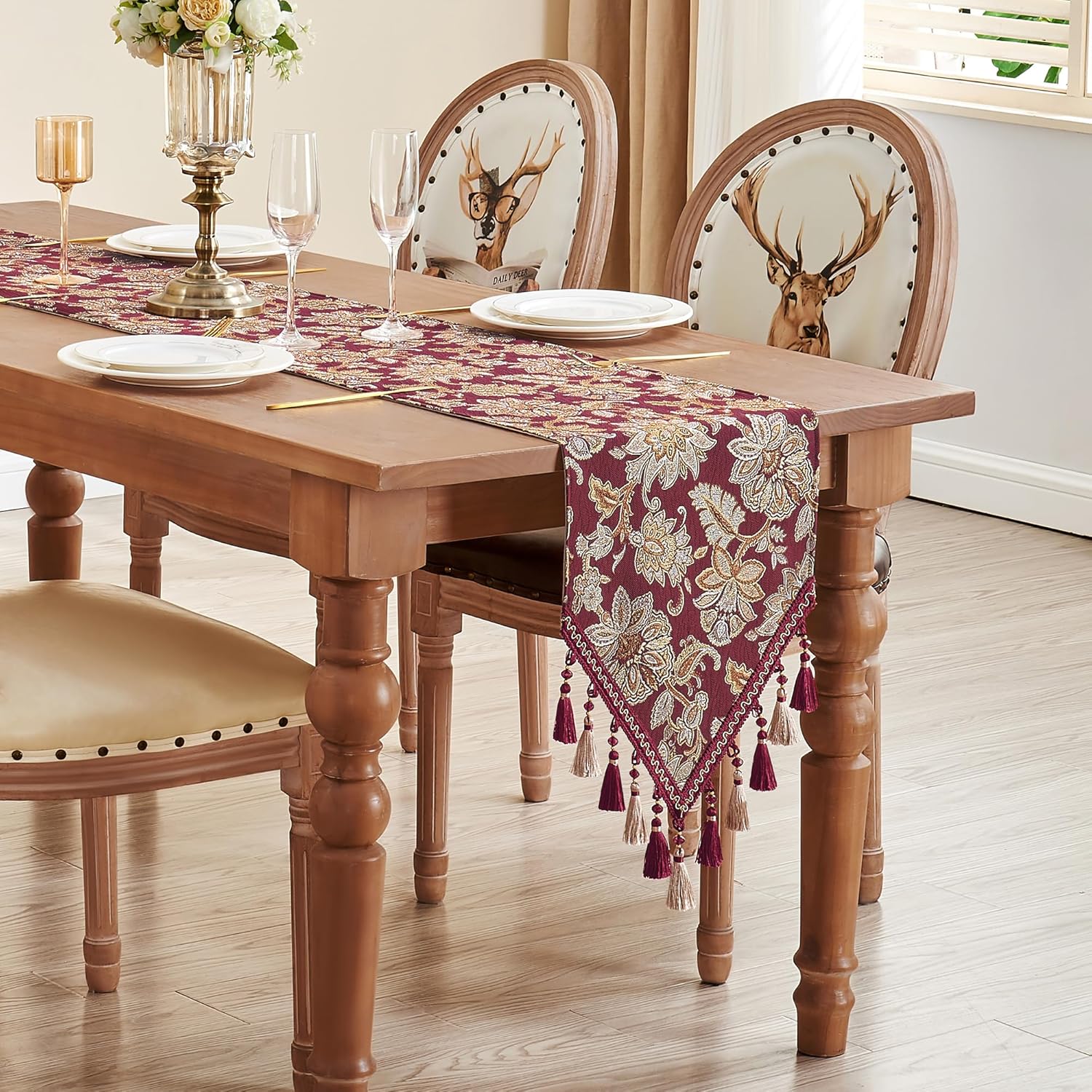 Loom and Mill Vintage Jacquard Table Runner 72 inches Long, Elegant Floral Pattern Dining Table Runners with Tassels, Great for Table Setting Kitchen Dresser Party Holiday Decor(Burgundy, 13x72in)