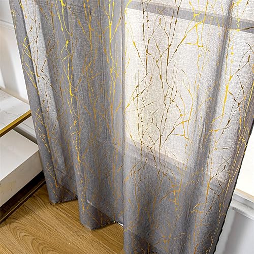 Miniatura 5 de Deeprove Cortinas Semitransparentes Grises de 63 pulgadas de Largo 2 Paneles, Estampado de Lámina Dorada de Rama de Árbol Metálico para Dormitorio