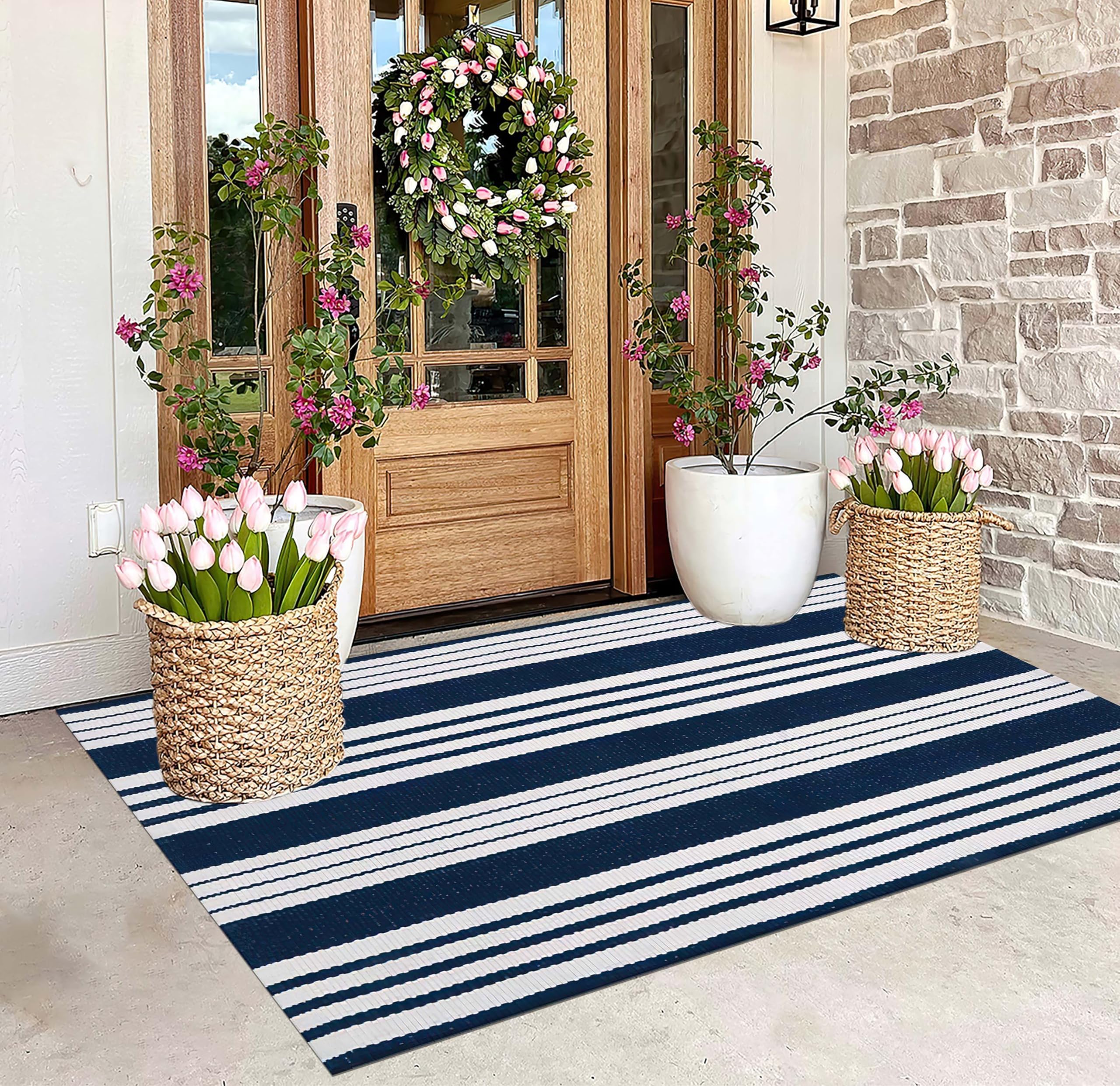 BUAGETUP Blue and White Outdoor Rug 3'x 5' Cotton Woven Washable Rug Striped Front Porch Rug Indoor/Outdoor Area Rug Floor Mat for Farmhouse/Layered Door Mats/Living Room
