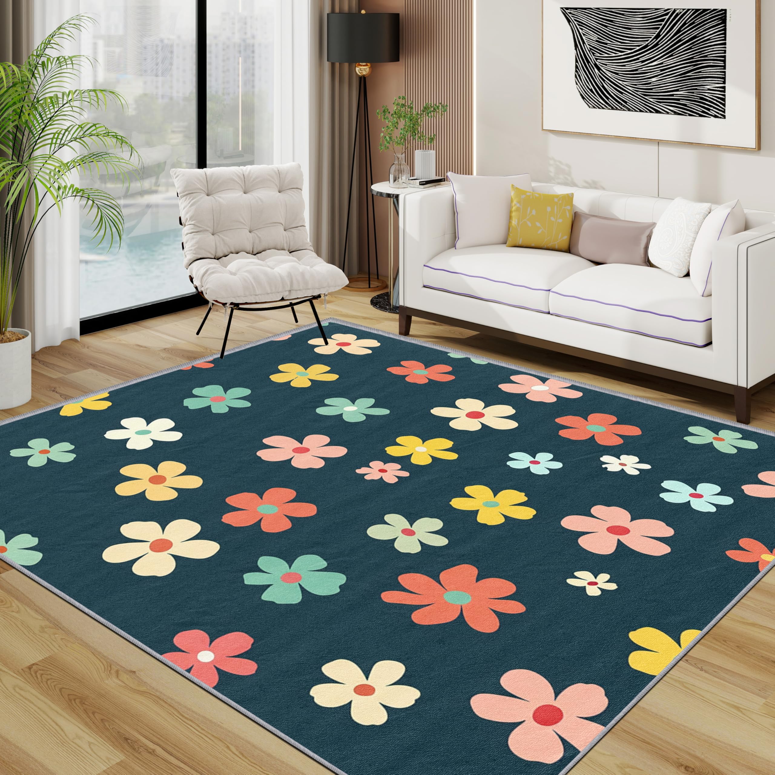 Floral Rugs Living Room Large 160x230 - Colorful Cute Simple Flower Bedroom Rug, Vibrant Playful Botanical Washable Non Slip Low Pile Carpet, Floral Home Decor