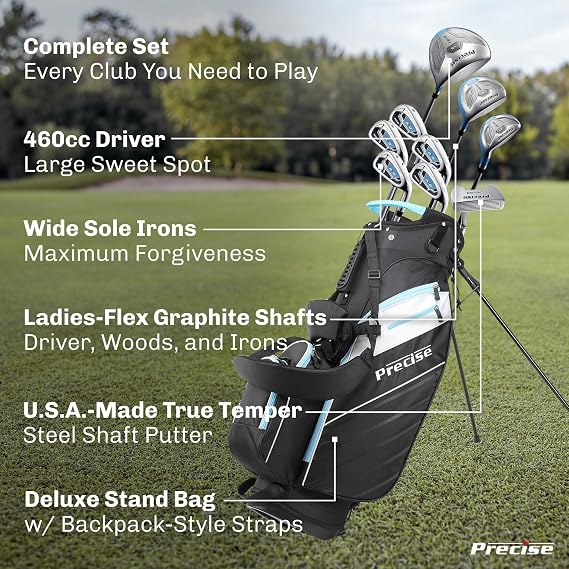 Precise AMG Right-Handed Complete Golf Clubs Set for Petite & Regular Height Women: 460cc Driver, 21 Hybrid, 3 Wood, 6-PW Stainless Irons, Putter, Stand Bag, 3 H/C's | Choose Your Color & Size