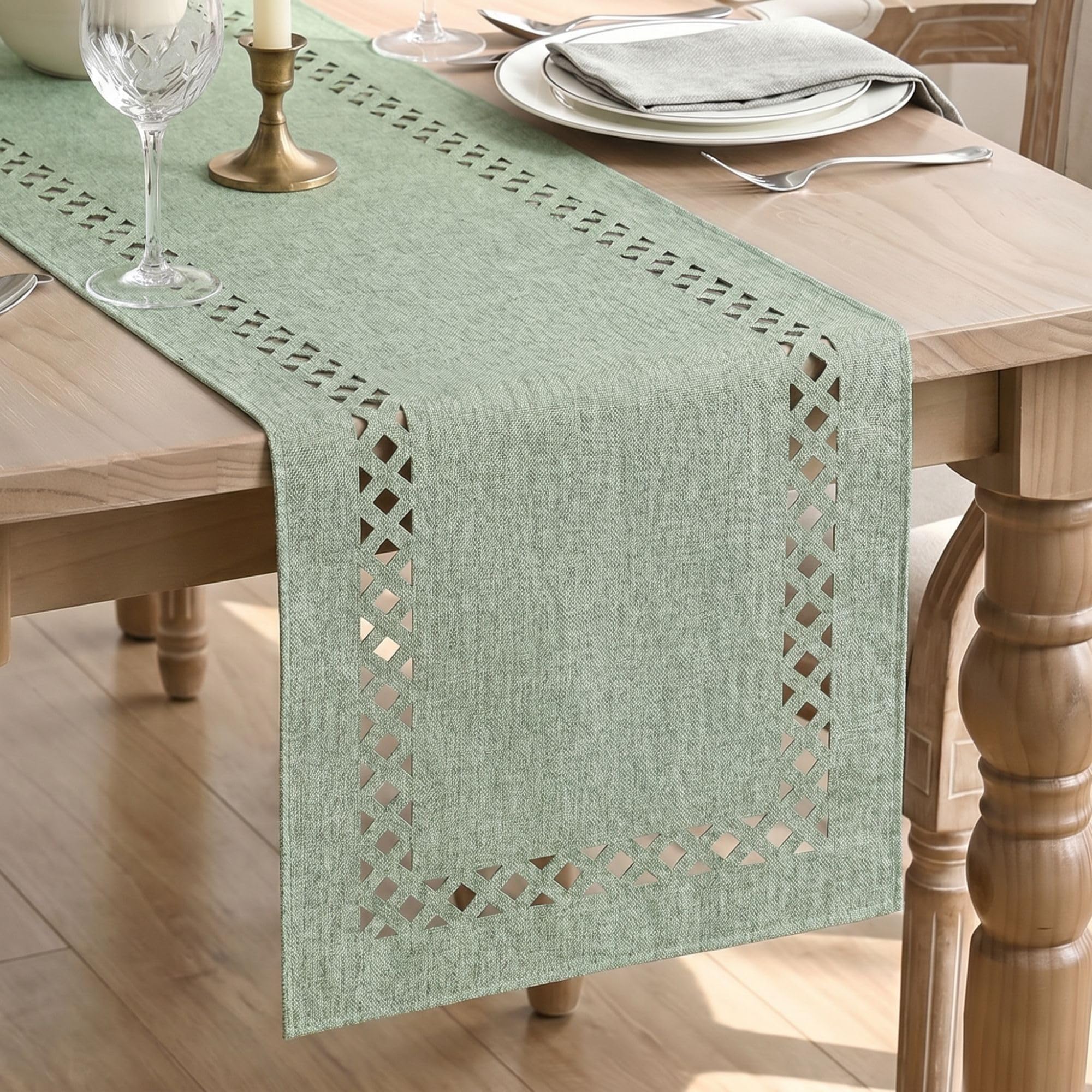 Artoid Mode Sage Green Geometric Hollow Linen Spring Table Runner 40x140cm — image 1