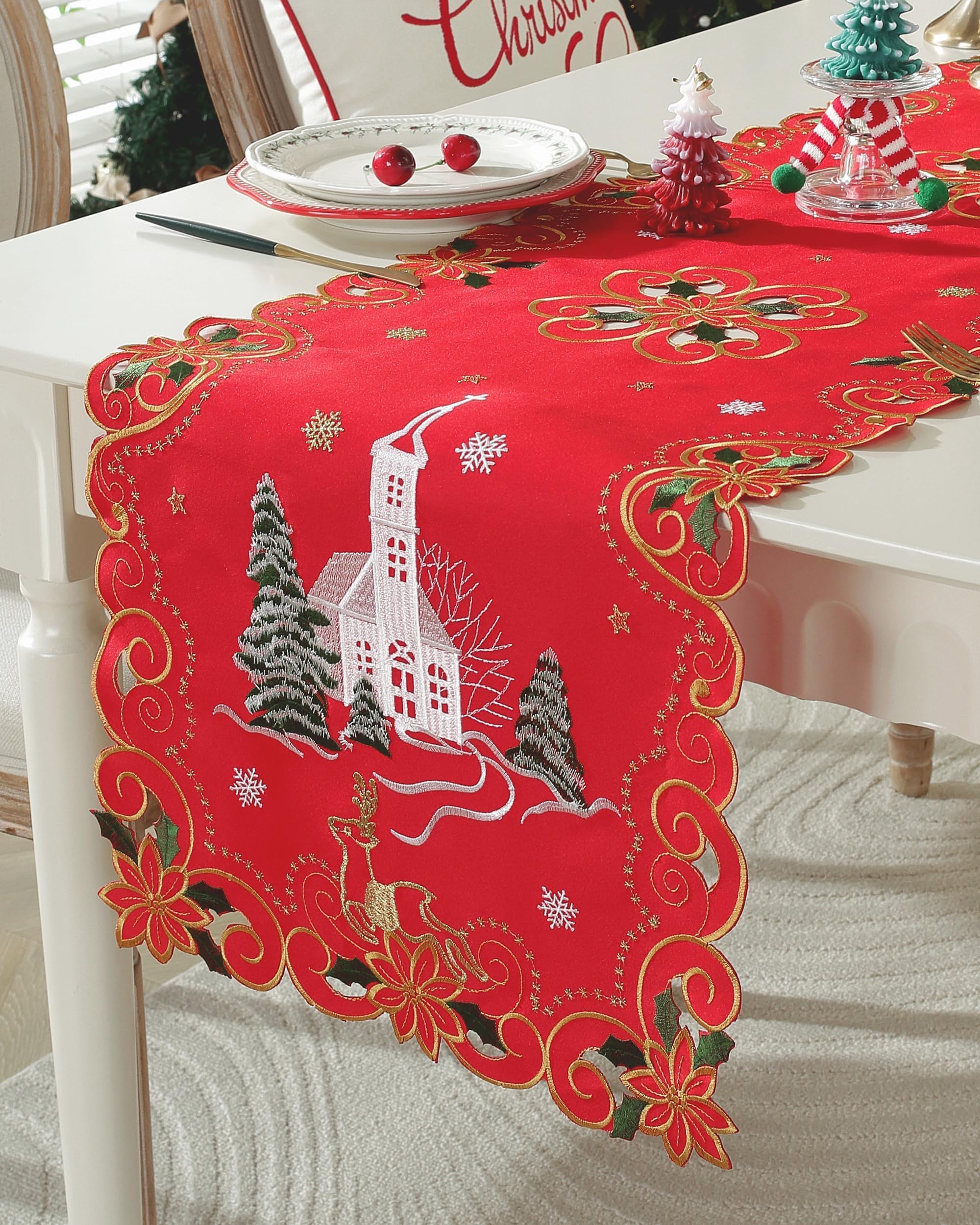 Chemin de table de Noël brodé sapin 183 cm de long style traditionnel