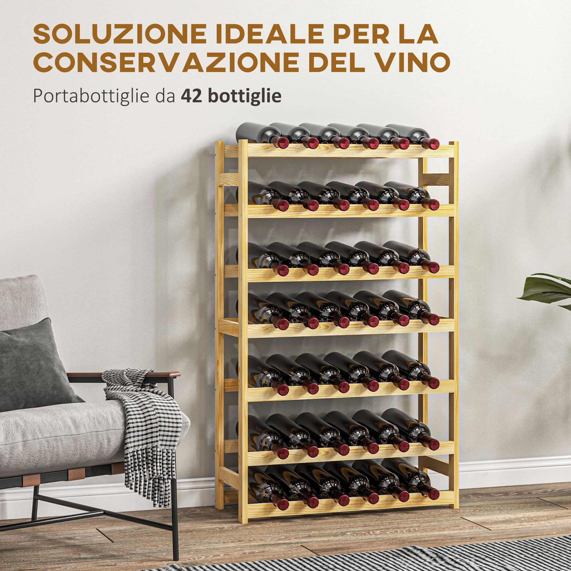 HOMCOM Portabottiglie da Terra 7 Livelli 63x25x102cm Legno Naturale | Per 42 Bottiglie, Scaffale per Vini Salvaspazio, in Legno di Pino