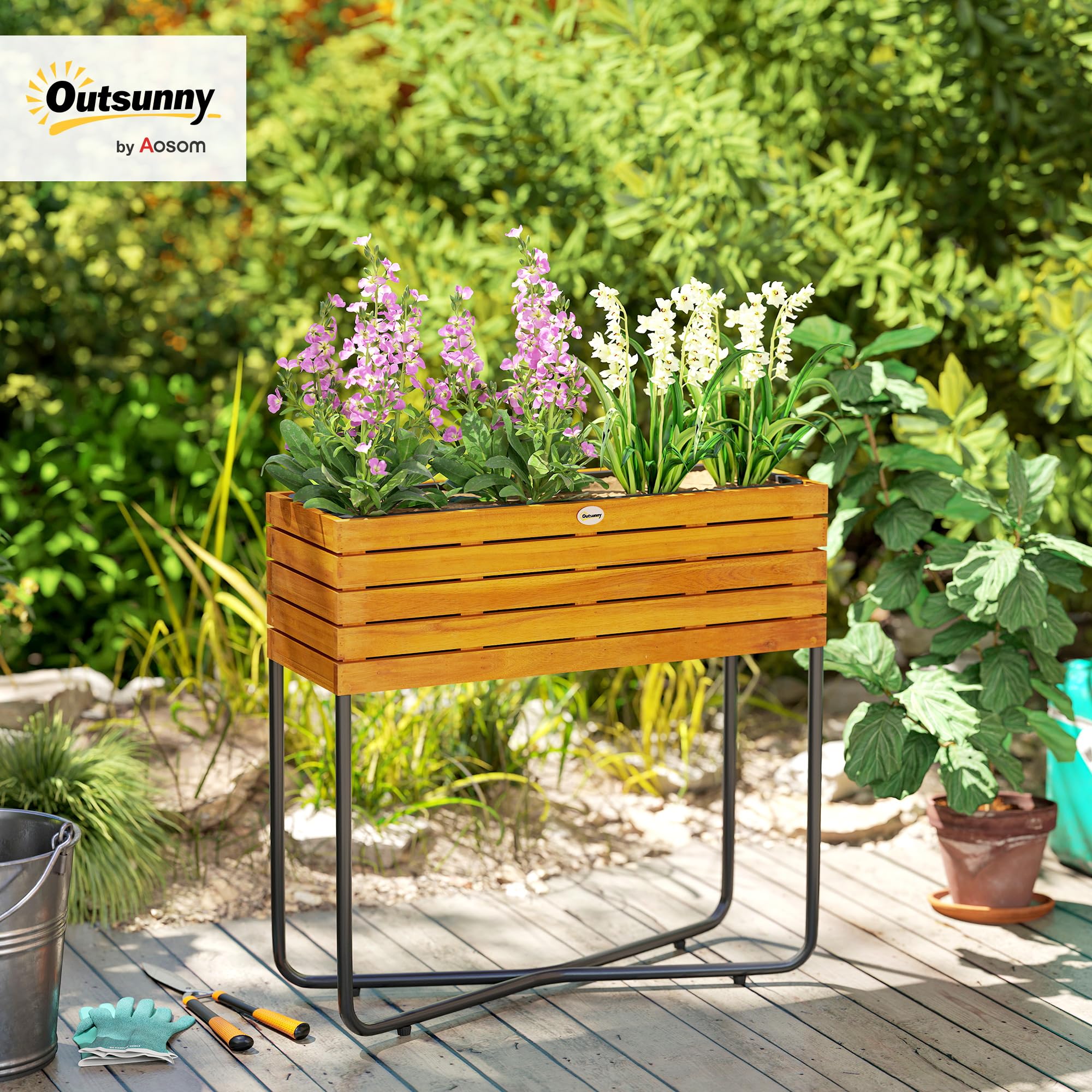 Image secondaire de Outsunny Pot de Fleurs bac à Fleurs sur Pied rectangulaire avec Trous de Drainage pour intérieur et extérieur, pour Jardin de Ba