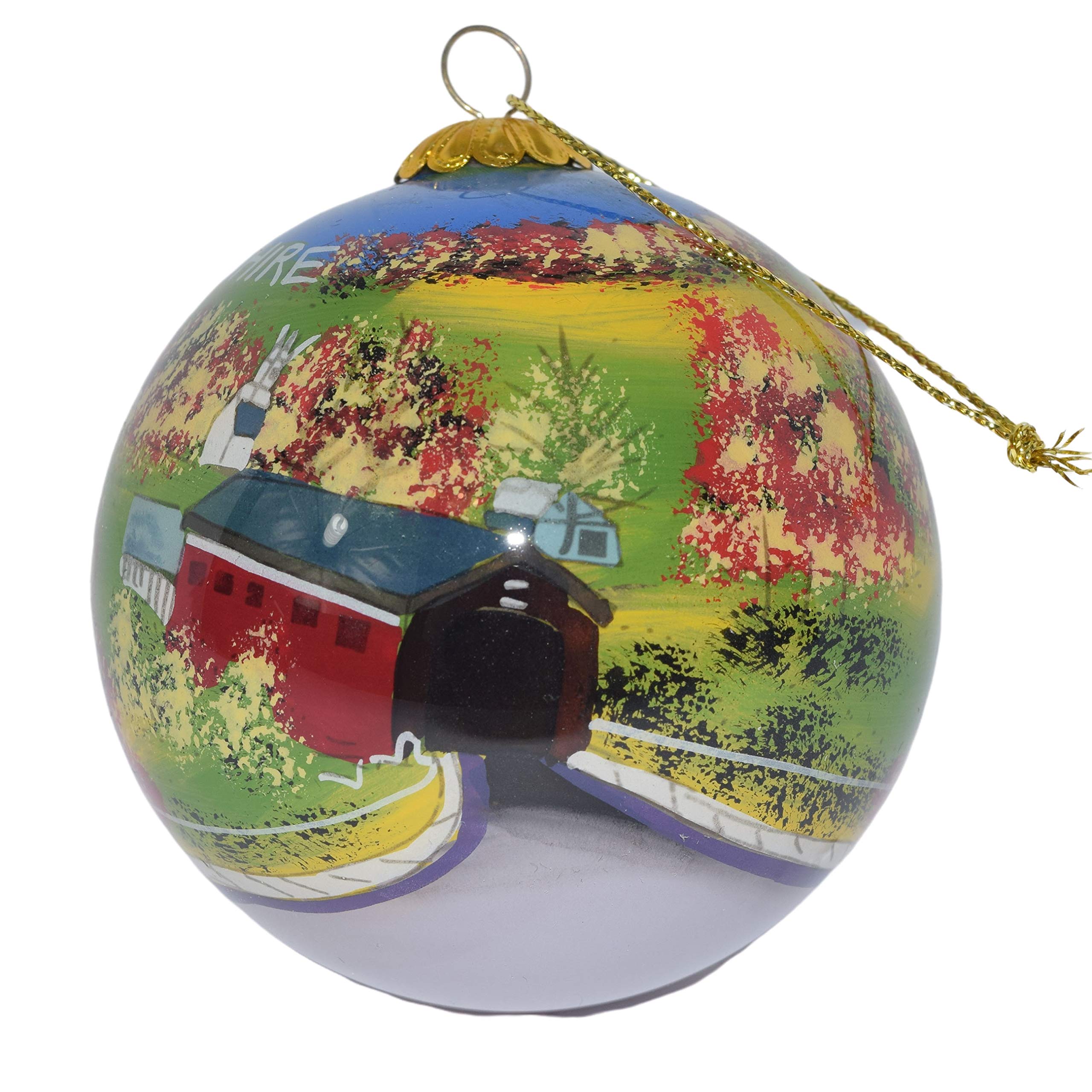 Blown Glass Christmas Ornament | Covered Bridge New Hampshire | Hand Painted Inside | Original Art | Includes Gift Box