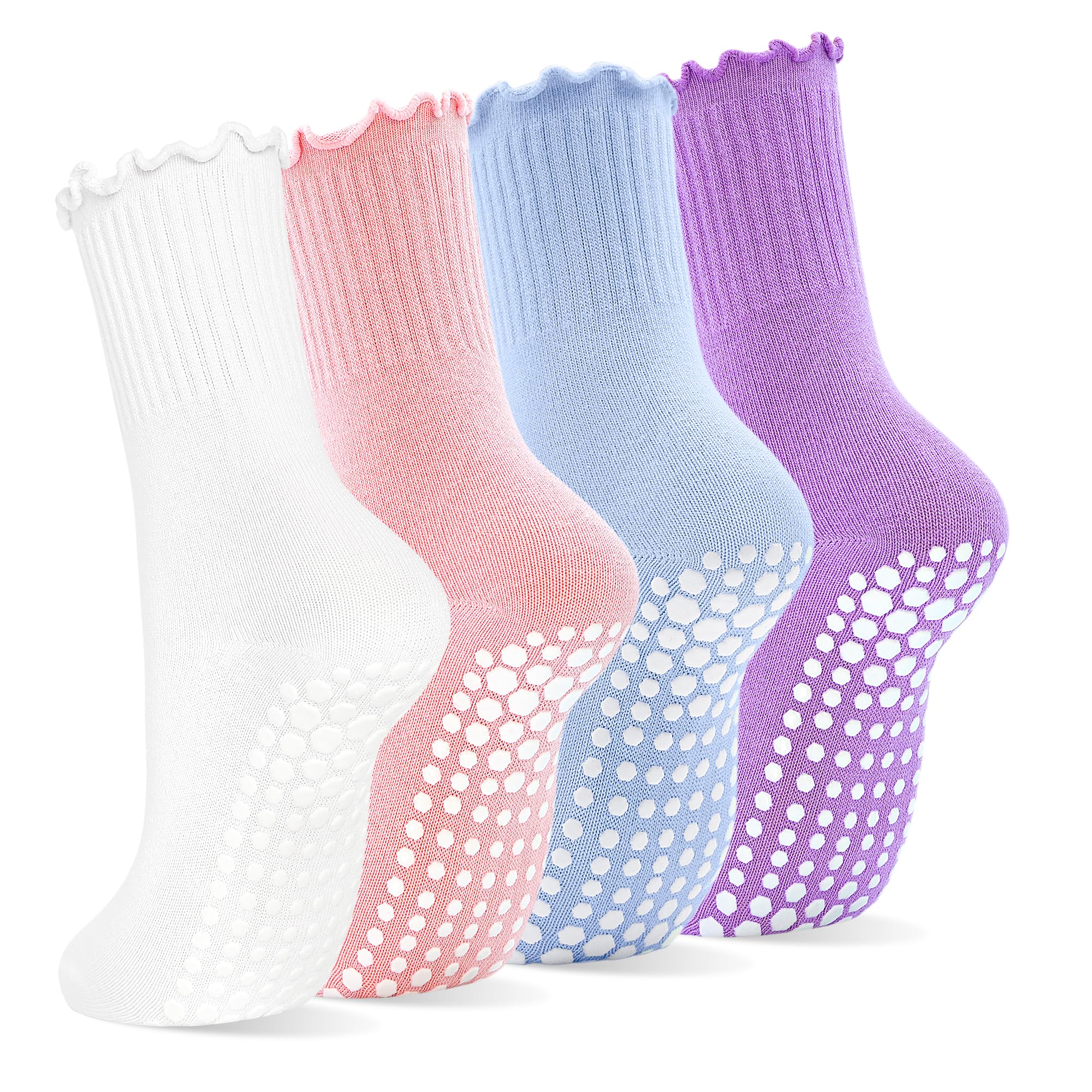 ELUTONG Yoga Socken Damen, 4 Paar AntiRutsch Pilates Socken with Gerüschter Saum Sockenbündchen für Yoga, Pilates, Barre, Tanz, Trampolin EU 35-40
